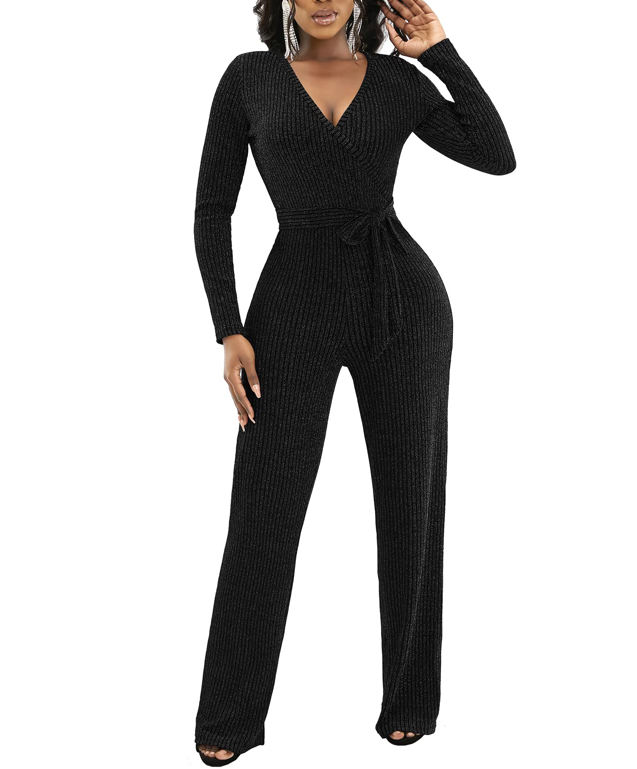 Sexy Women's V-Neck Sparkly Jumpsuit - Long Sleeve Loose Romper with Belt | Clubwear & Party Outfit for Nightlife & Special Occasions