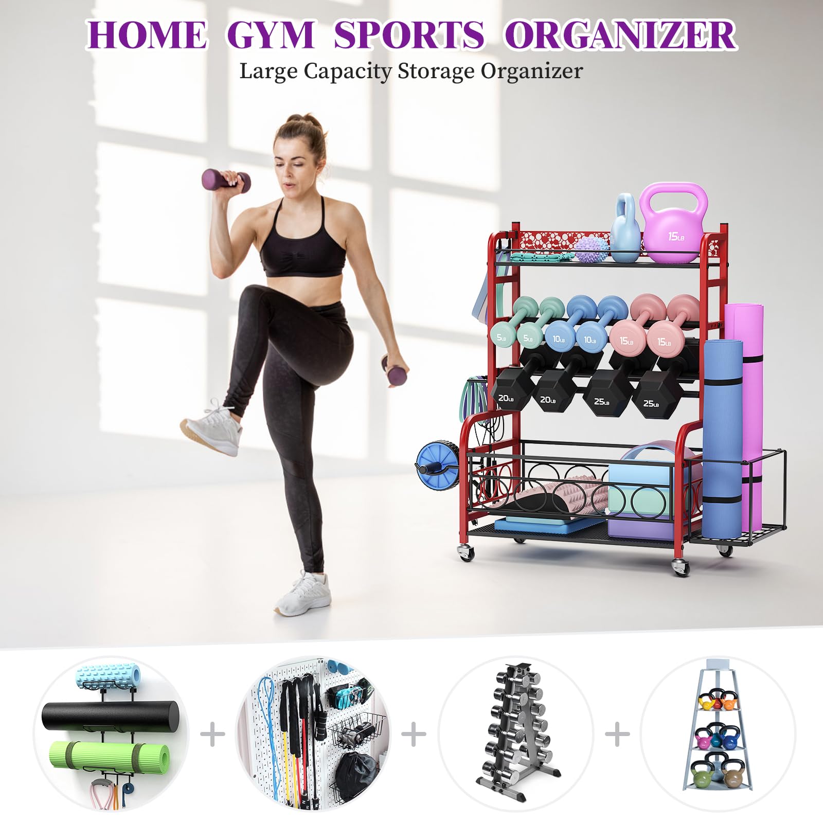 VOPEAK Adjustable Dumbbell Rack with Wheels - Heavy Duty Home Gym Storage Organizer for Dumbbells, Kettlebells & Yoga Mats - Perfect for Strength Training Equipment & Small Space Workout Areas - Ideal for Home Gym, Garage Fitness & Yoga Studio Organization
