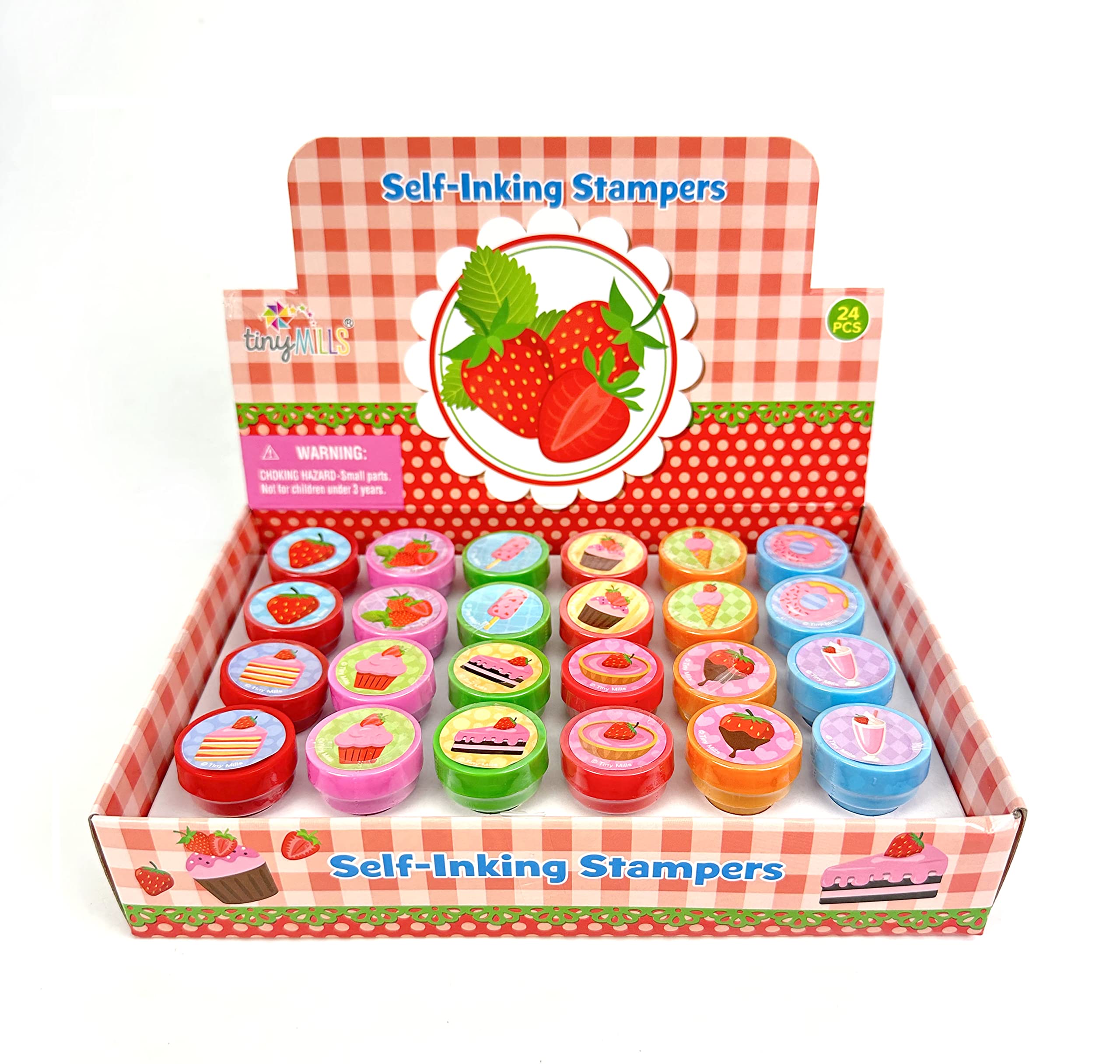TINYMILLS 24 Pcs Strawberry Themed Self-Inking Stamps for Kids - 12 Cute Designs, Party Favors, Goody Bag Fillers, Carnival & Farm Party Supplies - Perfect for DIY Crafts, Scrapbooking & Classroom Activities