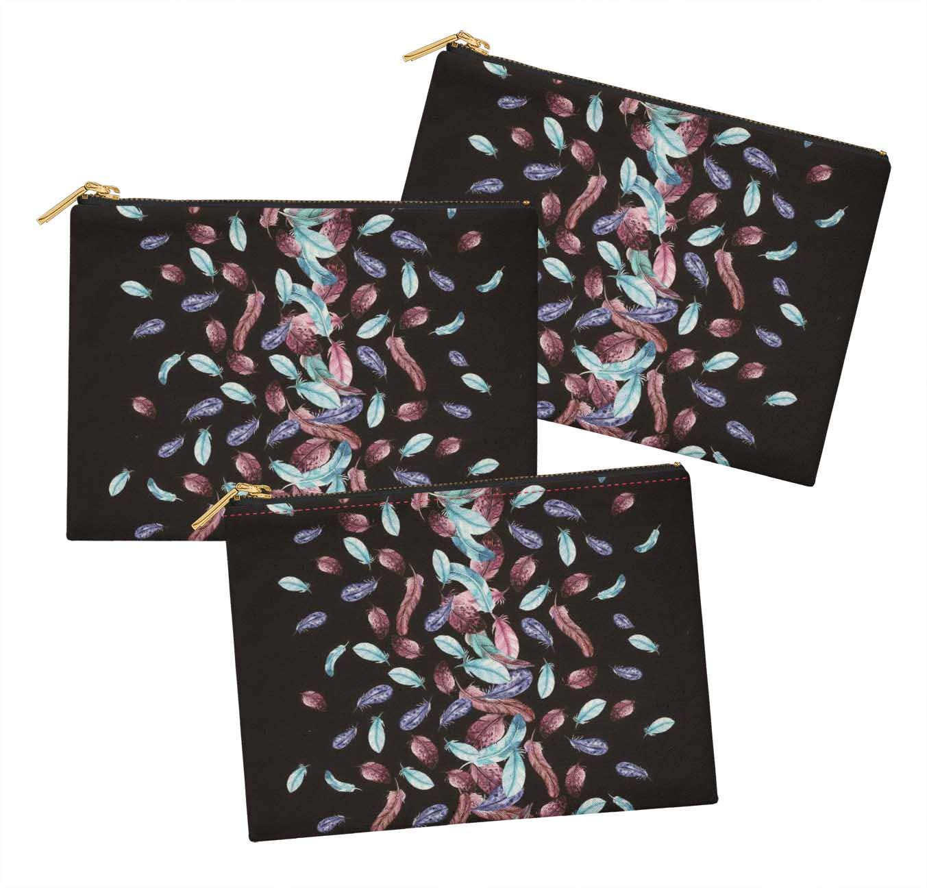 Stylish Black Artistic Feather Printed Cosmetic Bag - 3 Pack (6x8 Inches) | Makeup Pouch, Coin Purse & Toiletry Organizer | Perfect for Travel, Gym & Daily Essentials