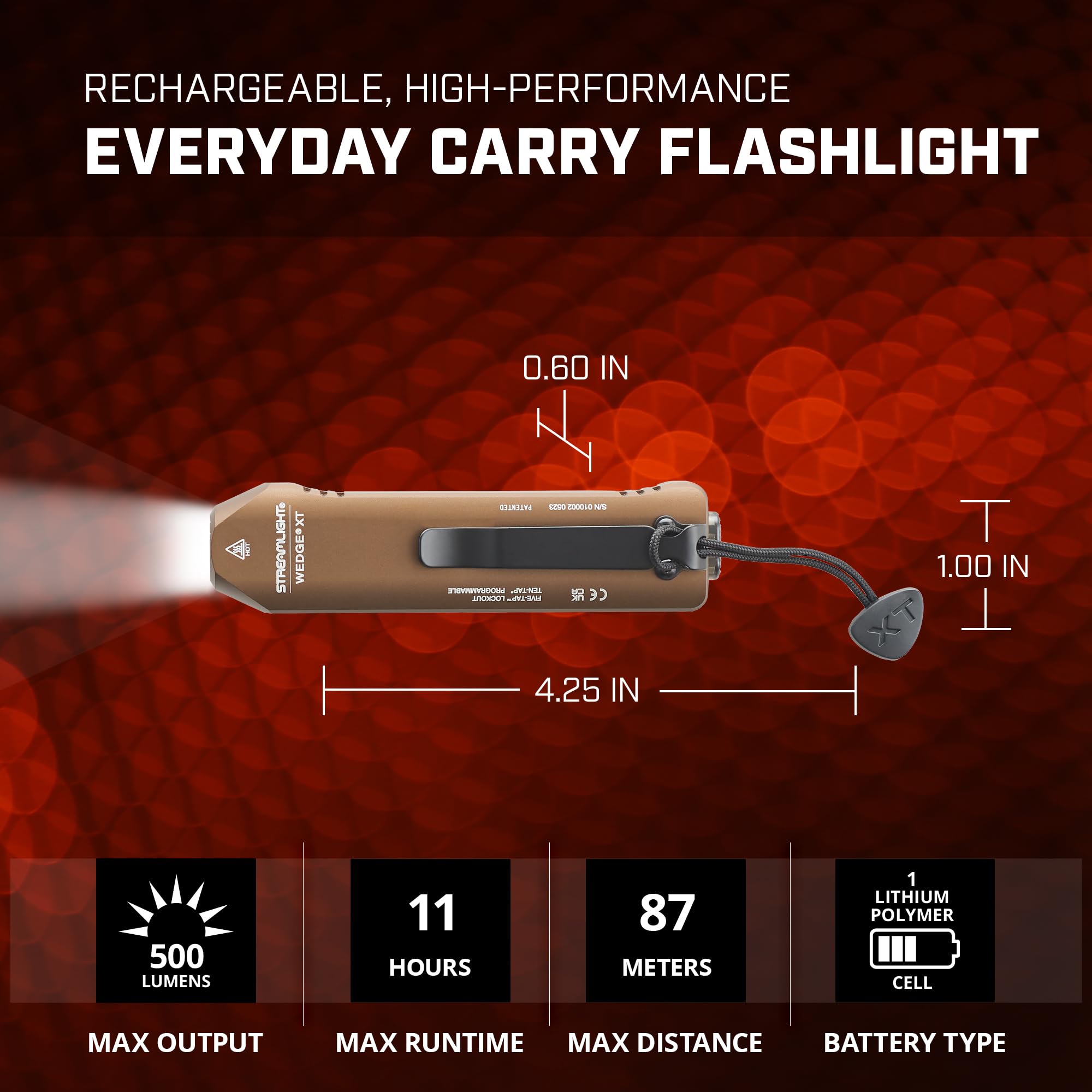 Streamlight 88813 Wedge XT 500-Lumen Ultra Slim EDC Flashlight with USB-C Charging & Pocket Lanyard - Coyote Color - Perfect for Everyday Carry, Outdoor Adventures & Emergency Preparedness