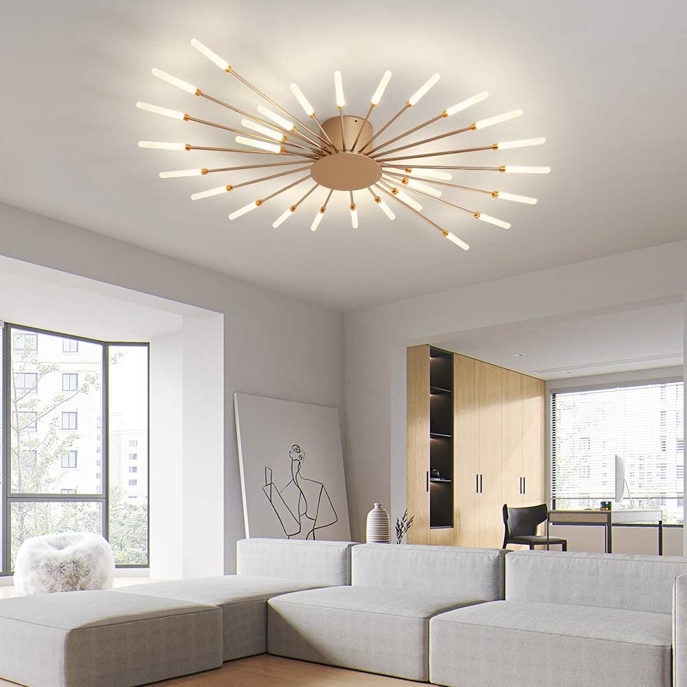 Modern Flower Shape Ceiling Light Fixture - 28 LED Sputnik Firework Petal Chandelier for Dining Room, Kitchen, Hallway - Flush Mount Metal Acrylic Lighting (Matte Gold) | Perfect for Home Decor, Restaurant Lighting & Commercial Spaces