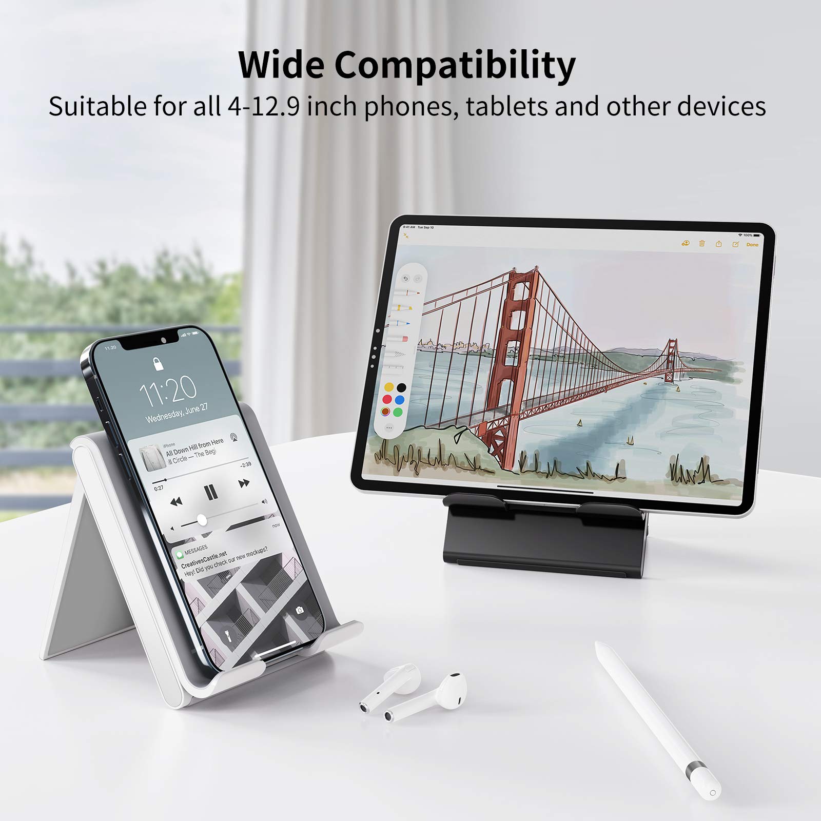 SAIJI Adjustable Tablet Stand Holder - Portable Foldable Desktop Stand Dock for iPad, iPhone, Nintendo Switch, Samsung Galaxy & Kindle Fire - Gray - Perfect for Home, Office & Travel Use