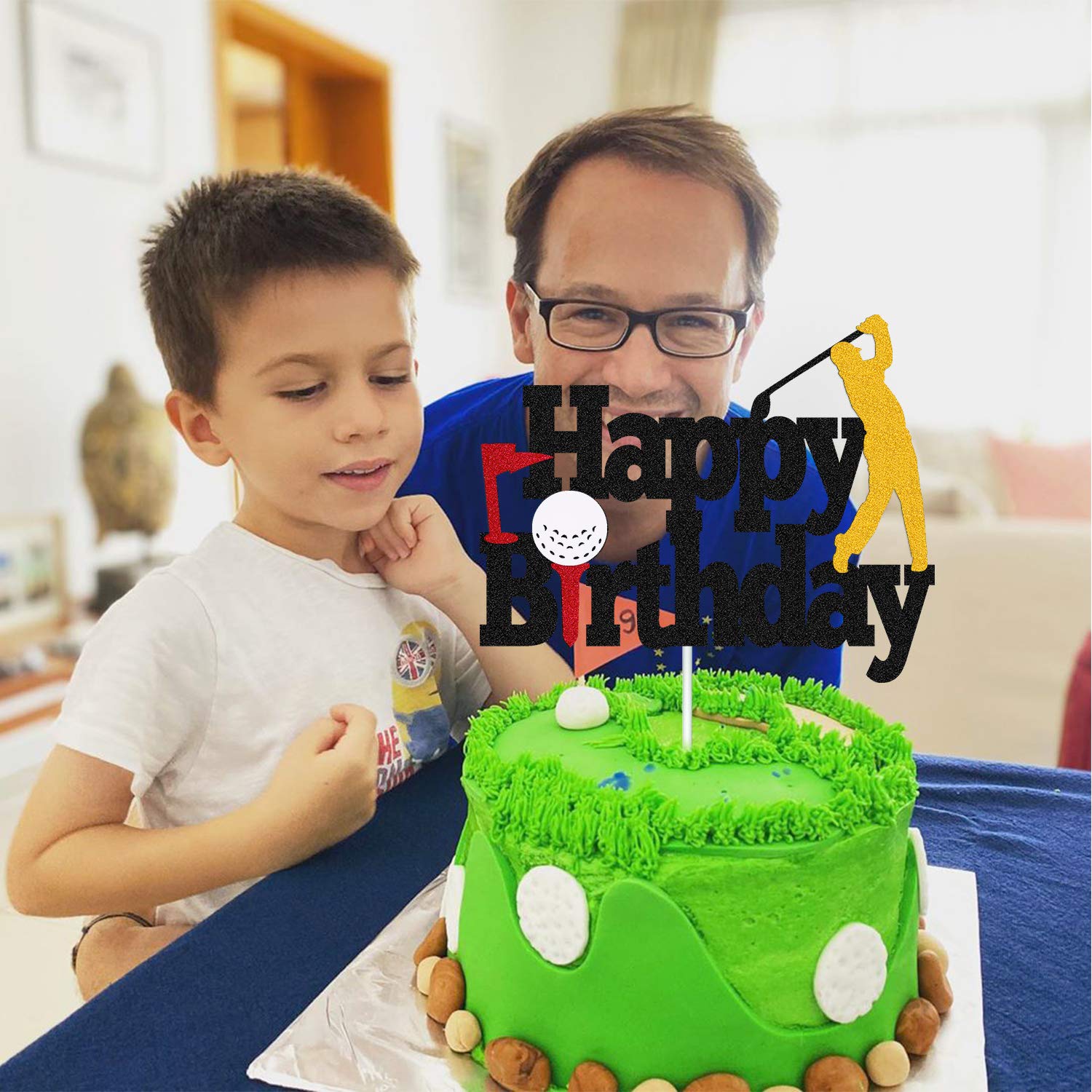 Golf Cake Topper - Happy Birthday Sign with Golf Ball Player Design for Sports Theme Parties | Double Sided Black Sparkle Decor for Men, Women & Kids Birthday Cakes | Perfect for Golf Lover's Birthday Celebration, Retirement Party & Sports Themed Events