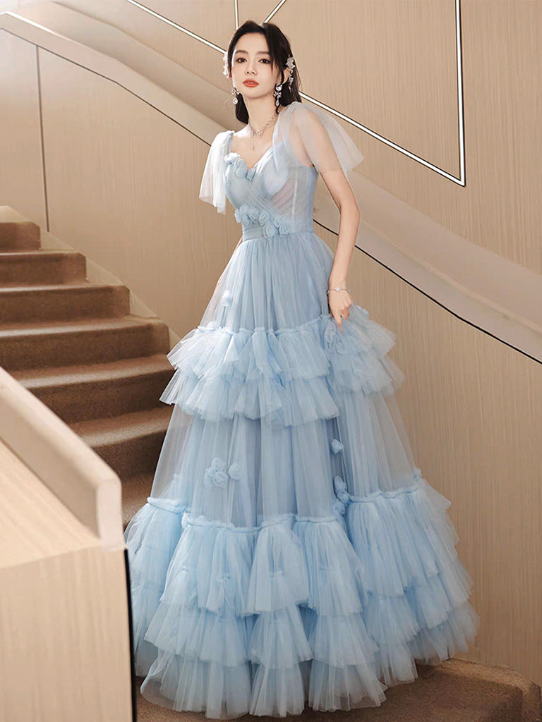 Elegant A-Line Tulle Blue Long Prom Dress for Women - Formal Evening Gown with Flowy Skirt - Perfect for Homecoming, Prom Night, and Special Occasions