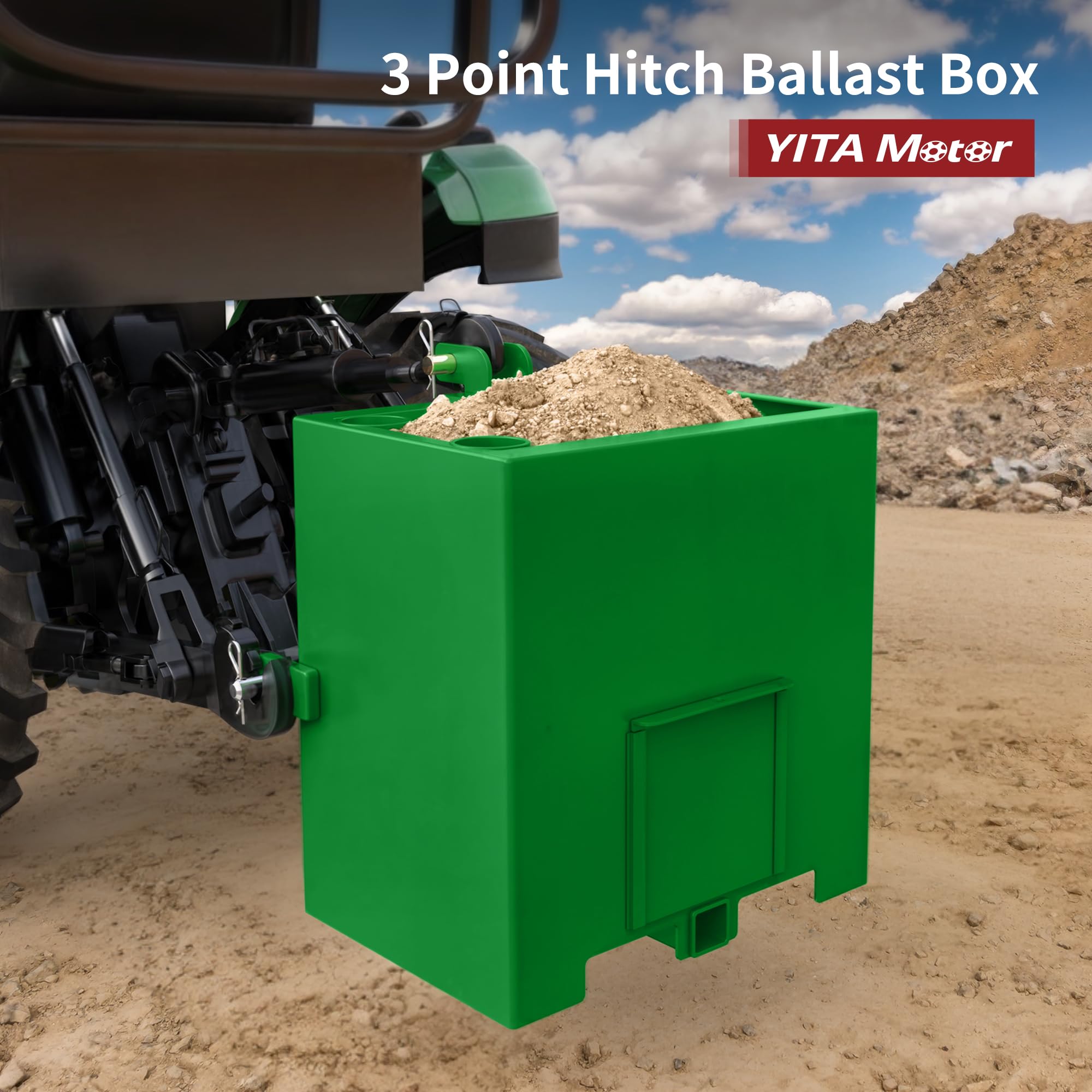 YITAMOTOR 800lbs 3 Point Hitch Ballast Box for Category 1 Tractor - Heavy Duty Weight Box with 2'' Quick Trailer Hitch Receiver (Green) - Perfect for Tractor Stability, Counterbalance & Farm Equipment Transport