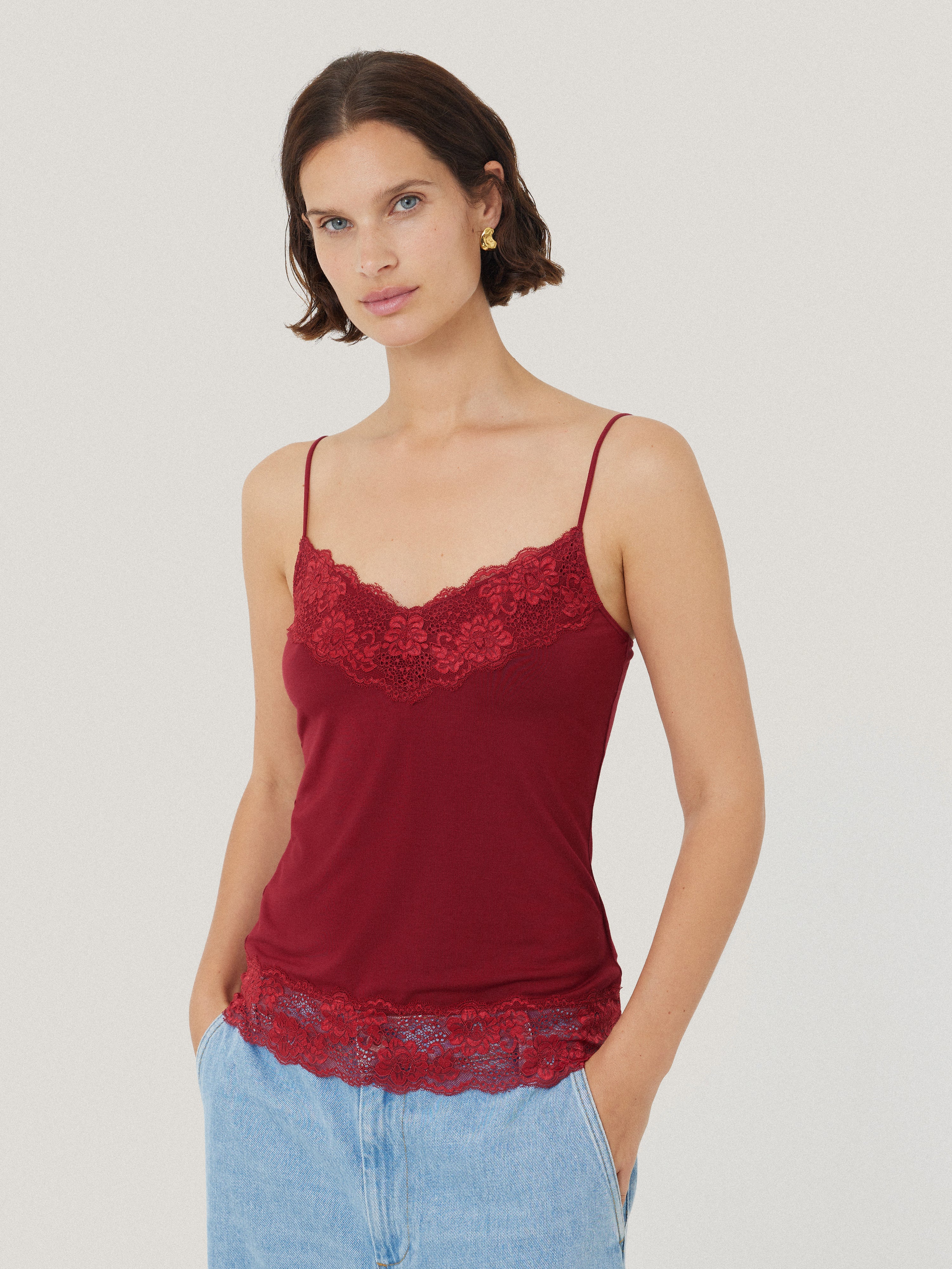 Elegant Modal Lace Vest for Women - Soft Breathable Summer Cover Up - Perfect for Beach, Wedding & Evening Wear in Cinema Red