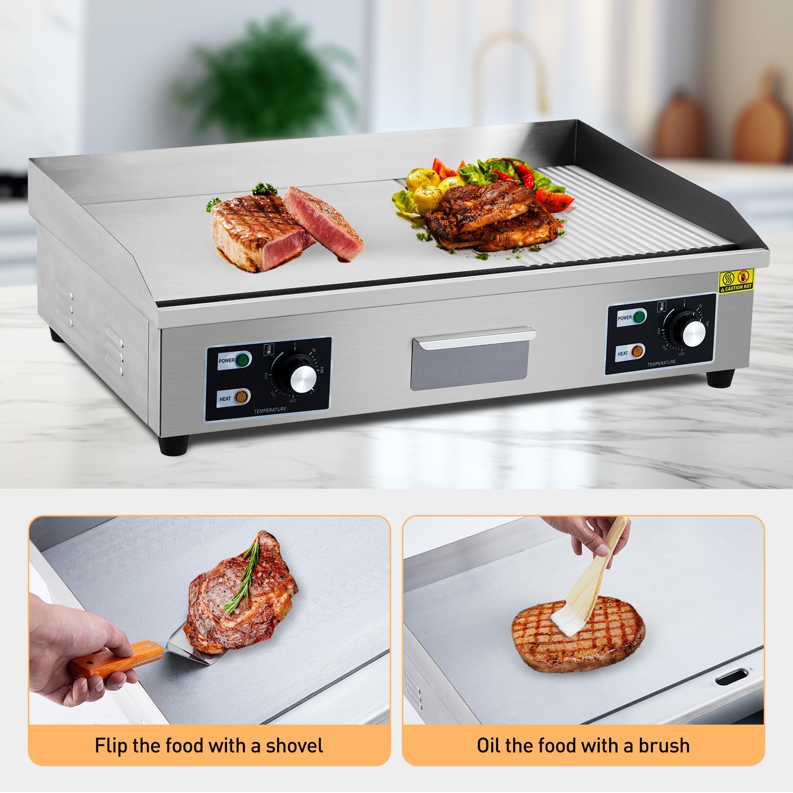 **GARVEE 29 Inch Commercial Electric Griddle with Fluted Surface – 3000W Flat Top Grill for Restaurant, Kitchen & Outdoor BBQ – Non-Stick Stainless Steel Teppanyaki Griddle (110V, No Plug Included) – Perfect for Pancakes, Burgers & Stir-Fry**