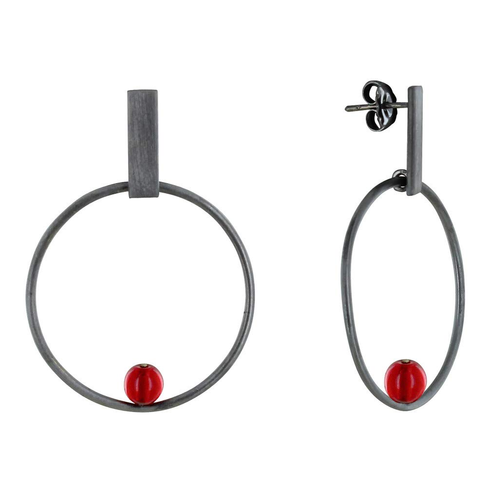 LES POULETTES JEWELS - Ruthenium Earrings Studs, Flat Rectangle Ring with Glass Paste Pearl for Women | Elegant Jewelry Gift for Birthday, Anniversary & Special Occasions