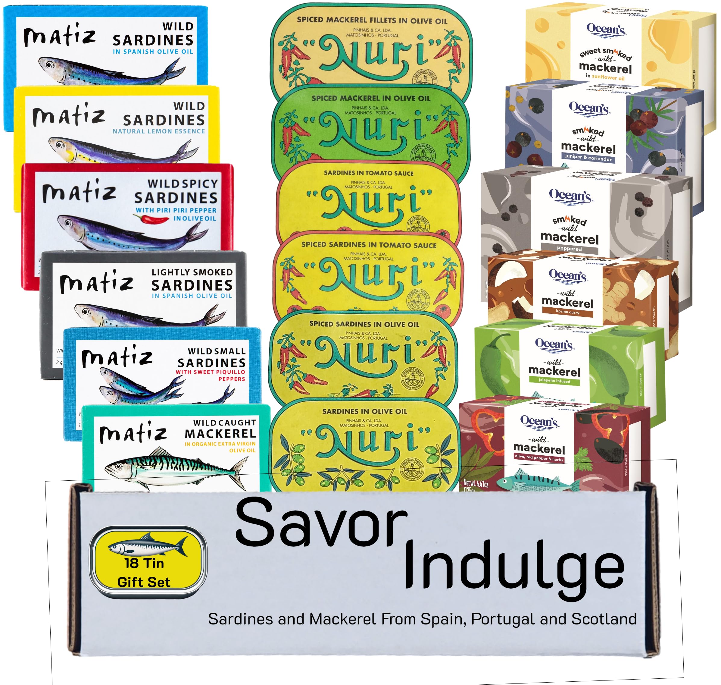 Premium Tinned Fish Sampler Gift Set - 18 Cans of Sardines & Mackerel from Top Brands Nuri, Matiz, Ocean's | Gourmet Seafood Snacks, Pantry Staples, Charcuterie Board Addition, Camping & Emergency Food Supply