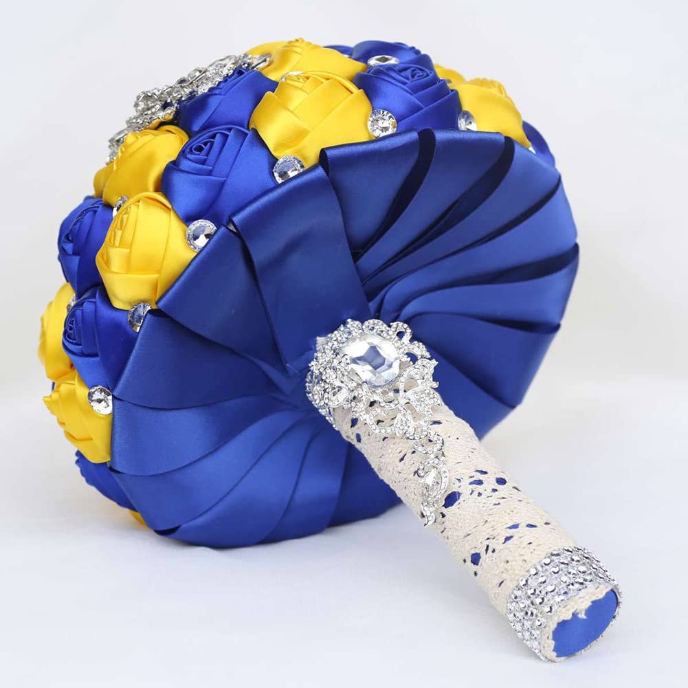 Handmade Satin Rose Wedding Bouquet - Bridal & Bridesmaid Bouquet with Rhinestone Meteor Shower Design for Wedding Ceremony (Gold & Royal Blue) | Perfect for Church, Beach, and Garden Weddings