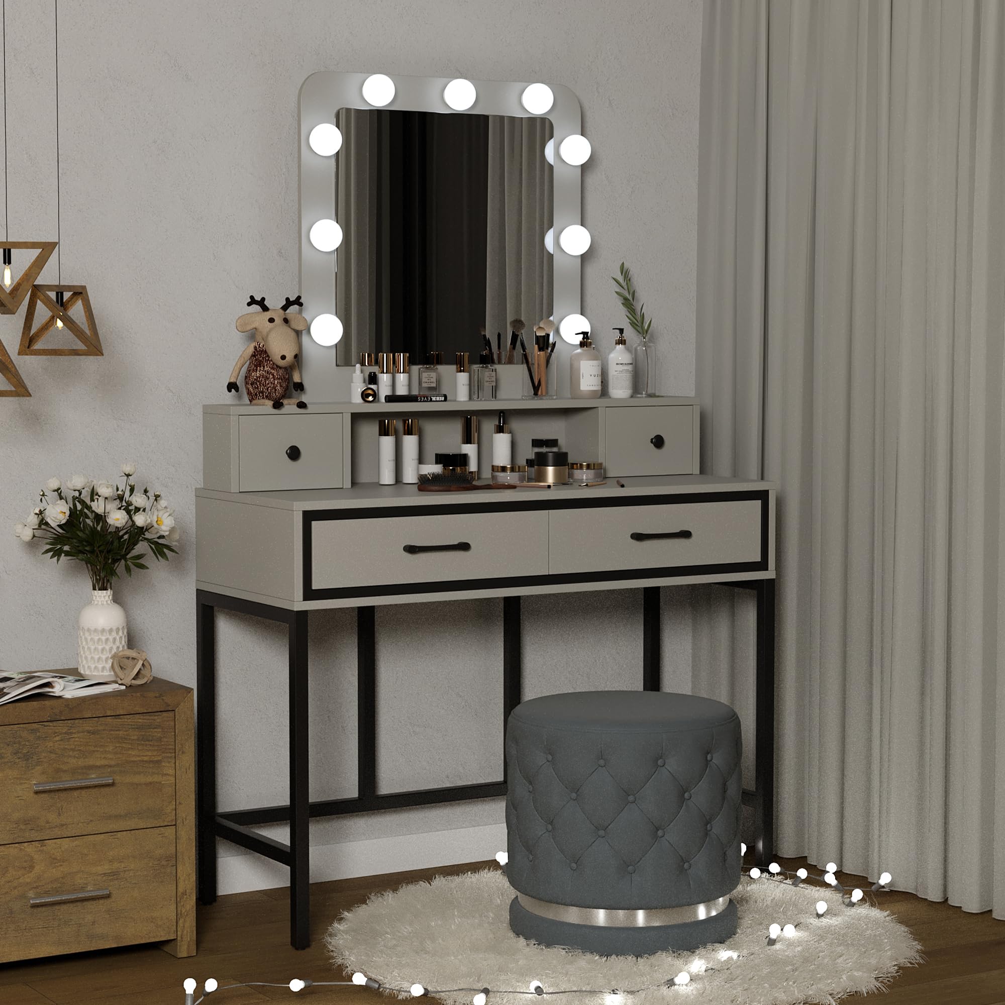 RoyalCraft White Vanity Desk with Mirror & Lights - 3-Color Dimmable Hollywood Makeup Table with 4 Drawers, Large Dressing Table for Women & Girls | Perfect for Bedroom, Boudoir & Beauty Room Organization
