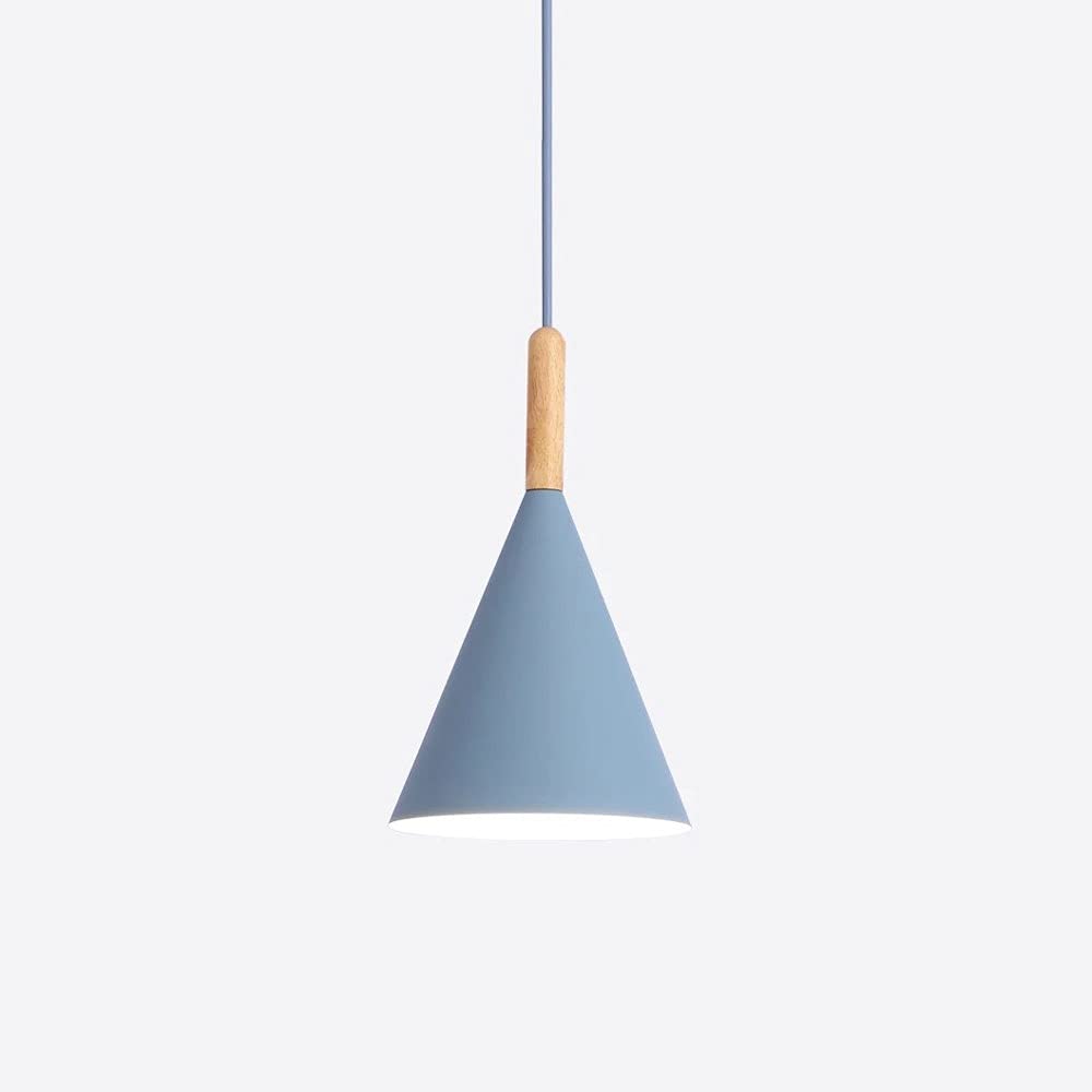 Modern Cone Shaped Wood Pendant Lighting - Minimalist E27 Hanging Chandelier for Kitchen Island, Dining Room, Living Room & Bedroom - Blue Wooden Ceiling Lamp for Farmhouse, Loft & Contemporary Home Decor