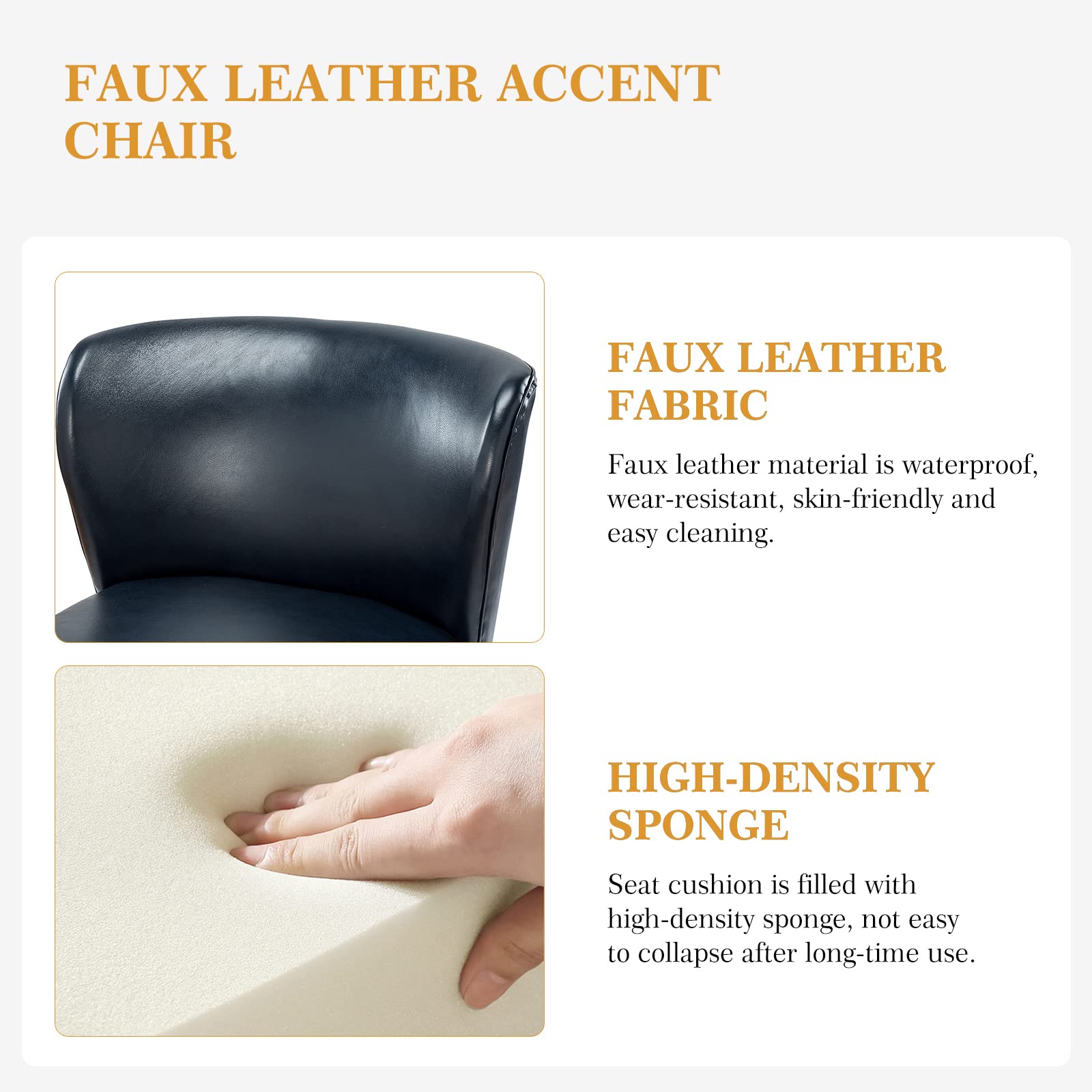 Mid Century Modern Faux Leather Accent Chair with Metal Base - Armless Living Room Chair with Rivet Trim, Navy Blue Upholstered Side Chair for Bedroom, Office & Lounge - Comfortable Home Decor Seating for Small Spaces
