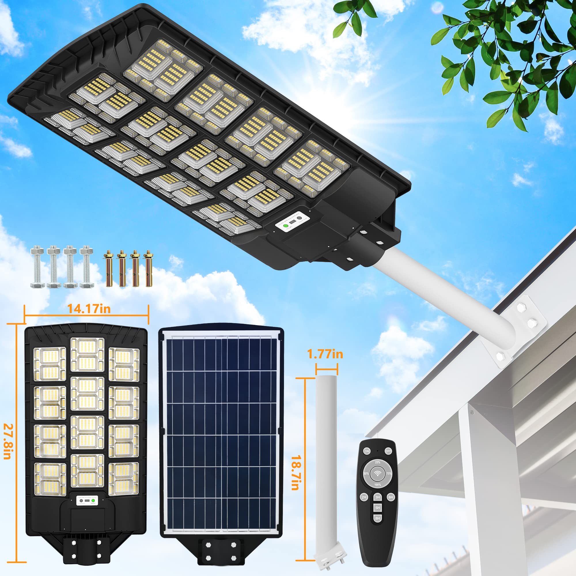1200W Solar Street Lights Outdoor Waterproof - 100,000LM LED Solar Powered Street Light with Motion Sensor & Remote Control - Dusk to Dawn Auto On/Off - Perfect for Parking Lots, Yards, Gardens, Fields, Pathways and Driveway Lighting