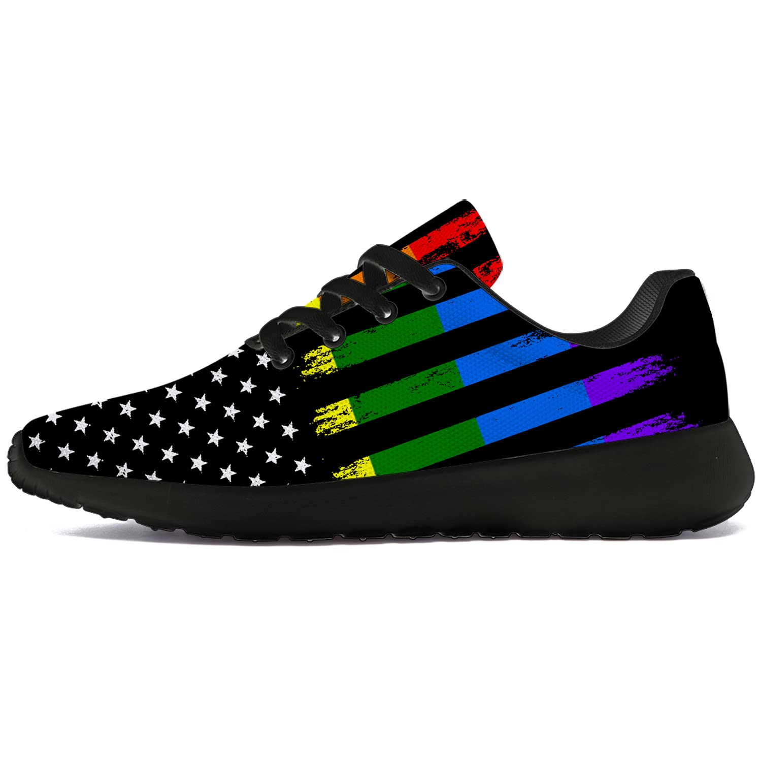 **Men's & Women's LGBTQ Pride Running Shoes - Lightweight Walking Tennis Sneakers with Rainbow & American Flag Design - Size 11 Men/13 Women - Perfect for Workouts, Casual Wear & Pride Events**