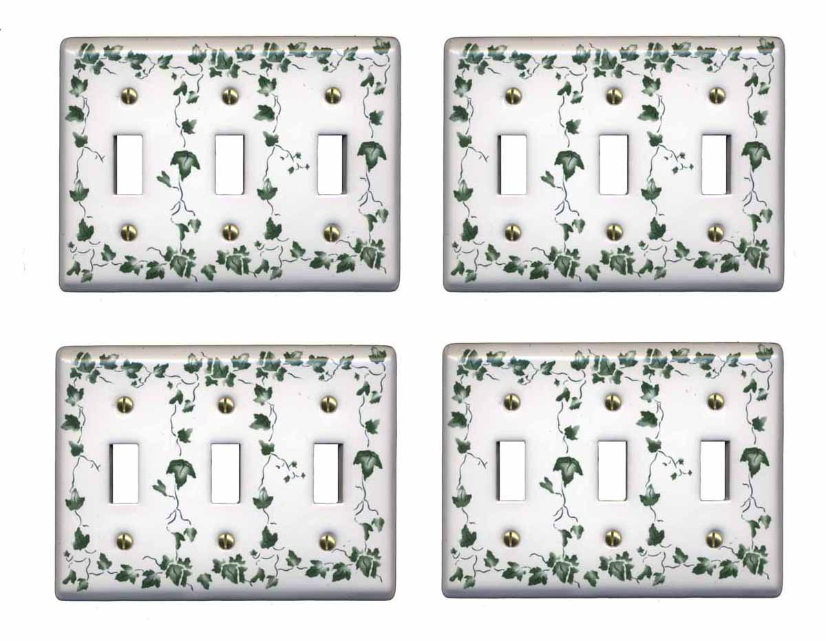 White Porcelain Ivy Triple Toggle Light Switch Plate Cover - 4 Pack - Vintage Style Electrical Wall Plate for Home, Bedroom, Kitchen & Office Decor