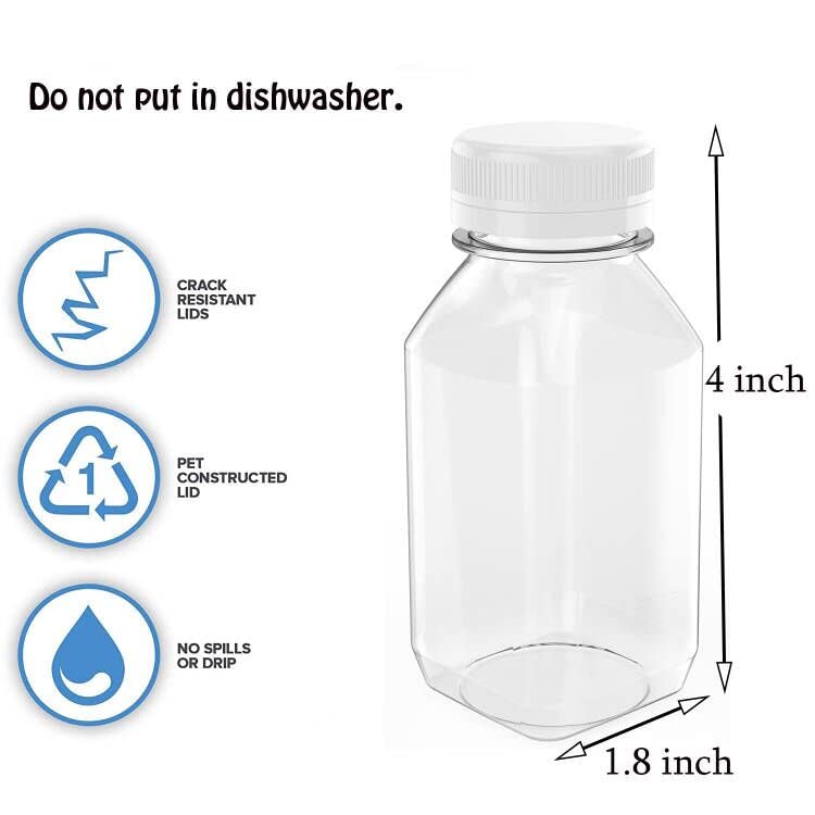 6-Pack 5 oz Reusable Plastic Juice Bottles with White Lids - Clear Transparent Beverage Containers for Juice, Milk, Smoothies & More - Perfect for Home, Cafe, Restaurant & Meal Prep