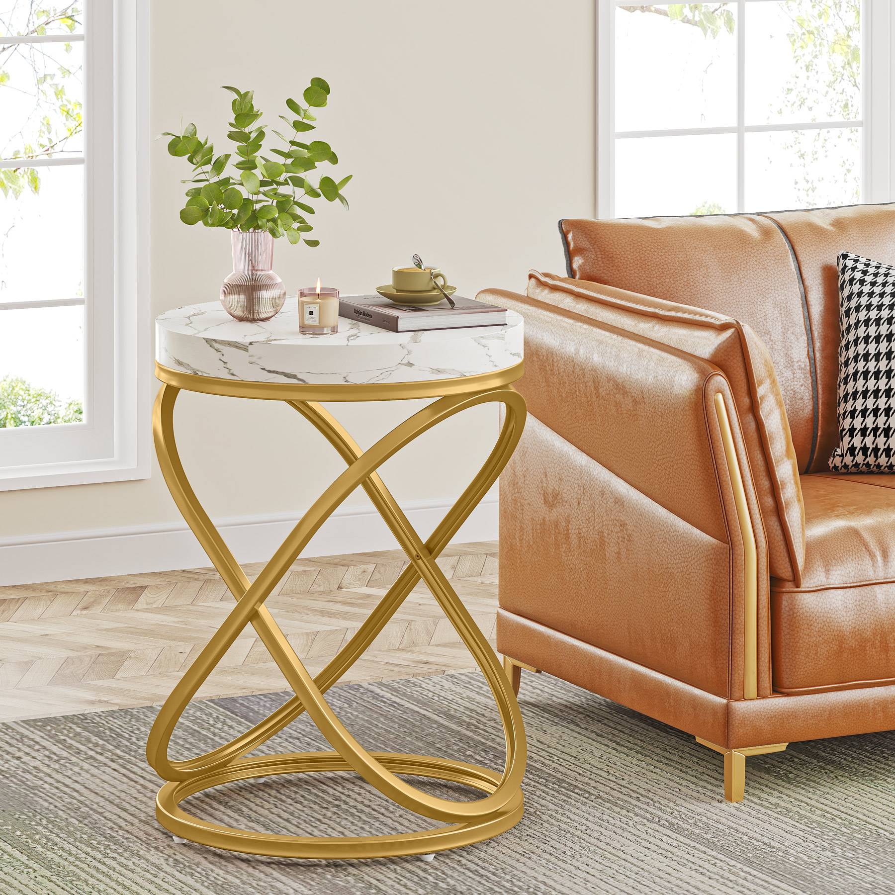 Round End Table - 26 Inch Tall Sofa Side Table with Faux Marble Top | Modern Living Room Furniture for Small Spaces, Bedroom Nightstand & Office Decor