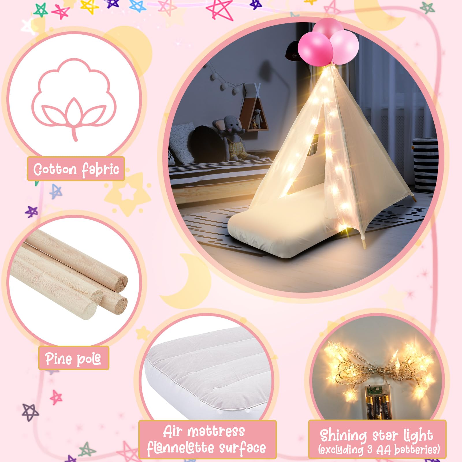 4 Pack Kids Teepee Tent with Mattress, Fitted Sheet & LED Lights - Washable Cotton Play Tent for Girls Sleepover, Birthday Party, Movie Night - Indoor & Outdoor Playhouse (White)
