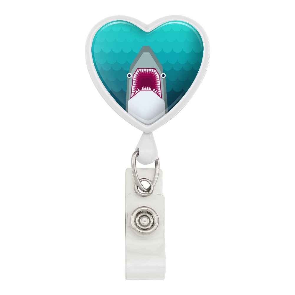 Retractable ID Badge Holder with Geometric Shark & Blue Heart Design - White | Perfect for Office, School, Events & Conventions