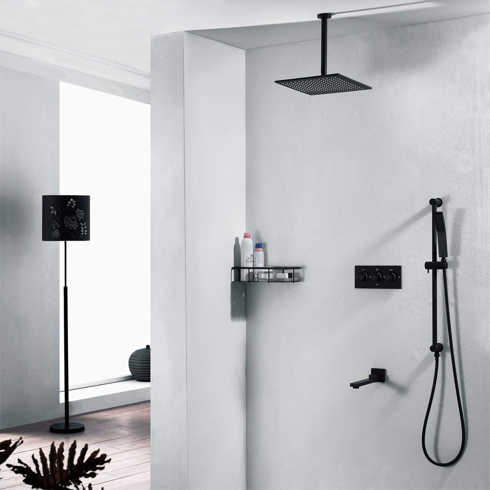 Black Concealed Shower Faucet Set - 3-Function Wall Mounted Shower System with 250mm Square Rain Showerhead & Handheld Sprayer | Bathroom Upgrade for Modern Homes (Ideal for Master Bath, Guest Bath & Spa-Like Experience)
