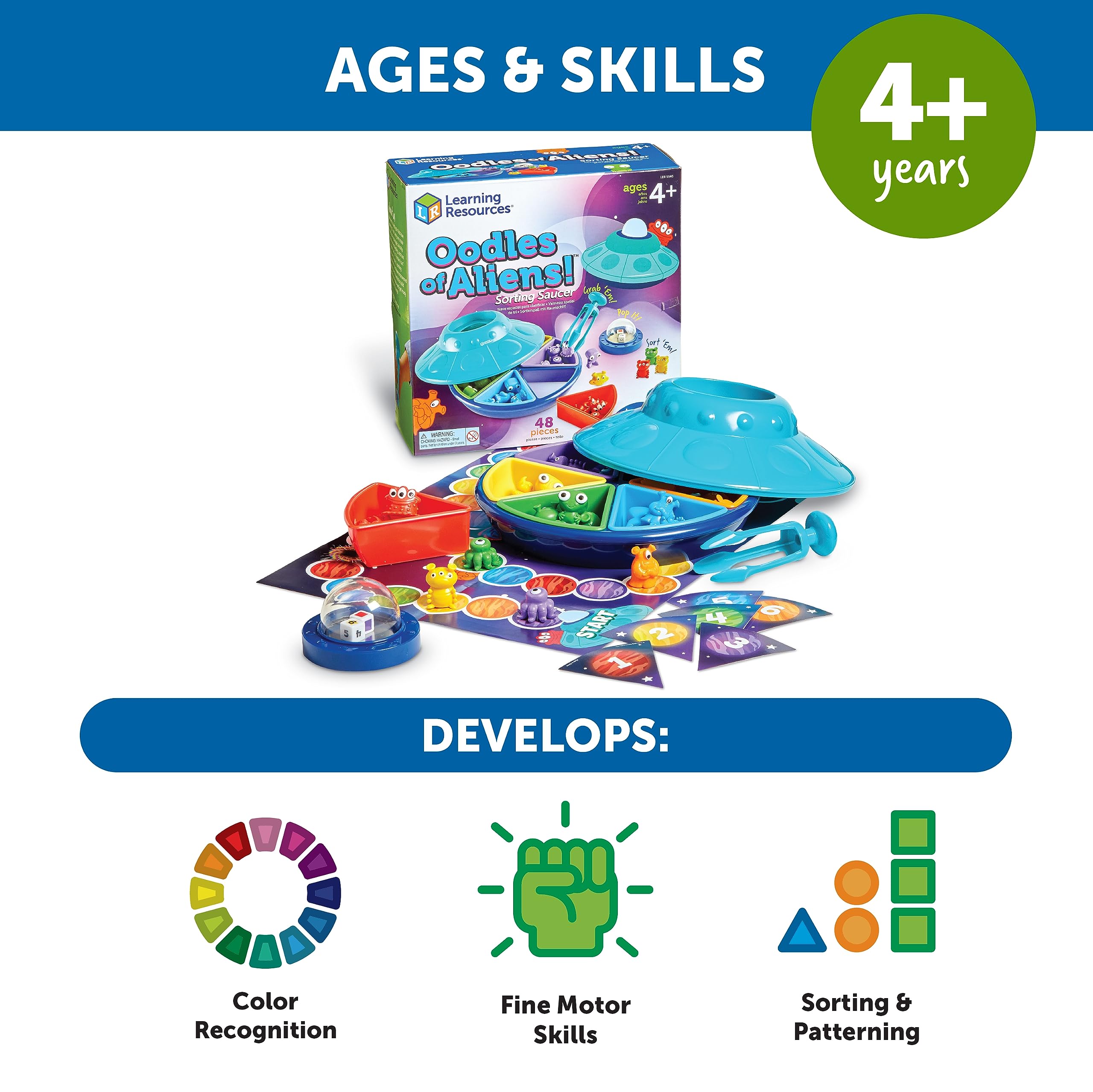 Learning Resources Oodles of Aliens Sorting Saucer - Fine Motor Skills, Counting & Sorting STEM Toys for Preschoolers - Educational Math Games with 48 Pieces - Ideal for Classroom & Homeschool Activities (Ages 4+)
