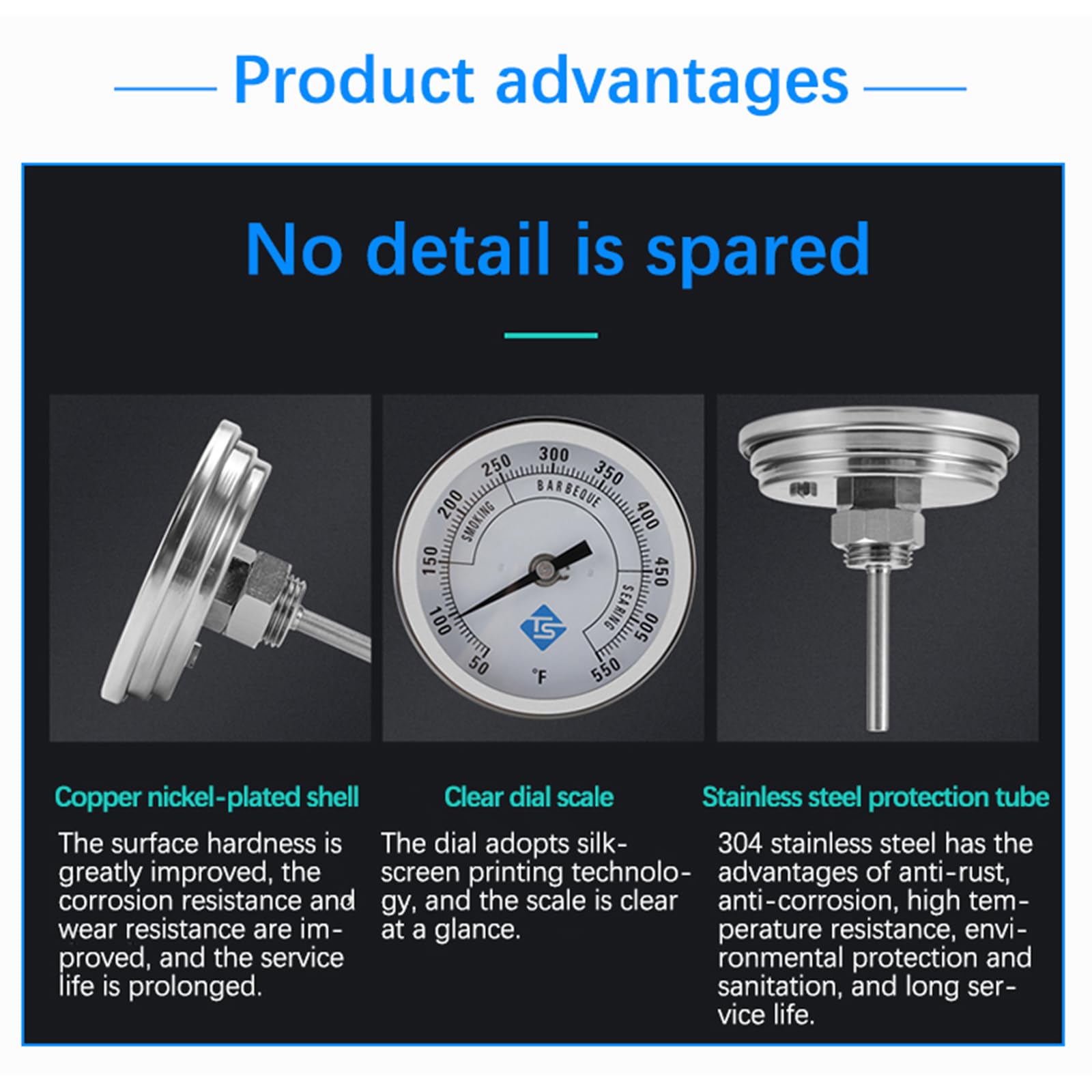 1/2NPT Thread Oven Thermometer with 83mm Round Dial - High Precision BBQ Grill Temperature Gauge (50-550℉) for Meat Smoking, Baking, and Outdoor Cooking
