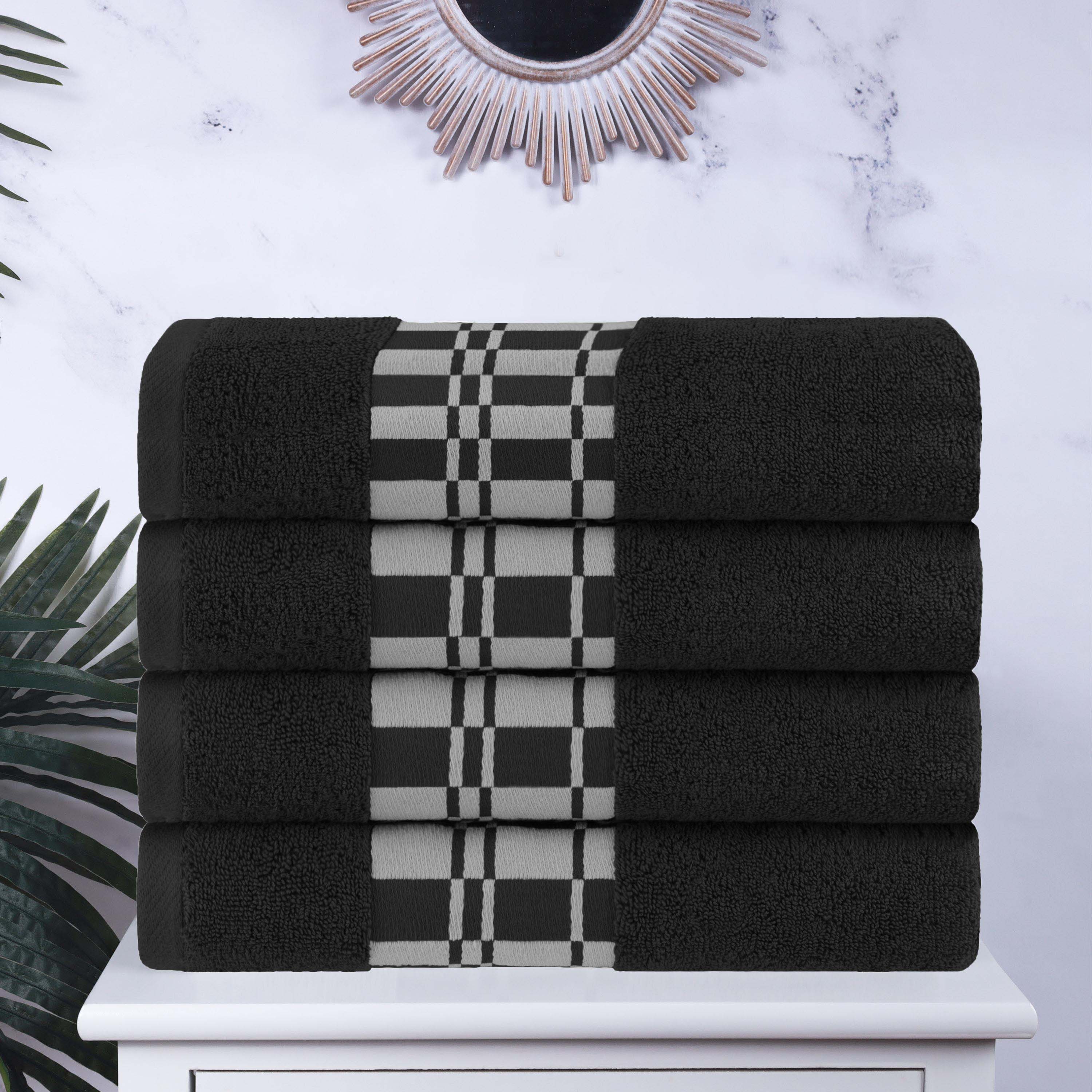 Premium Cotton Geometric Embroidered Bath Towels Set of 4 - Soft Absorbent Quick-Dry Luxury Towels for Spa, Bathroom & Beach Use