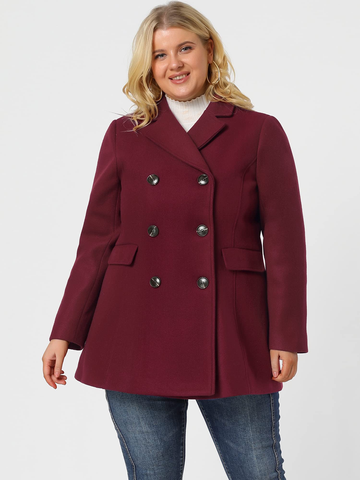 Agnes Orinda Women's Plus Size Notched Lapel Double Breasted Long Winter Coat - Elegant Formal & Office Wear for Business Women
