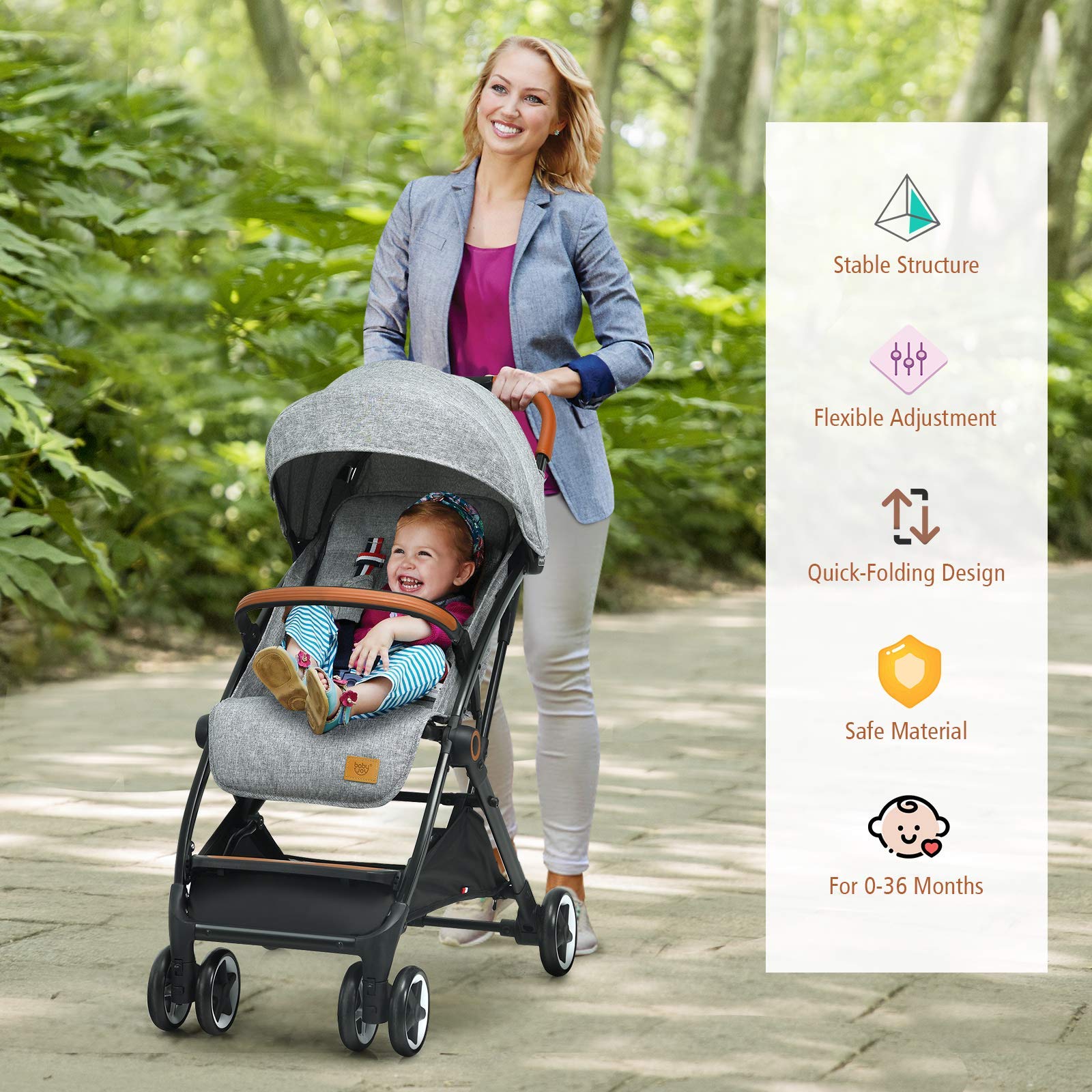 BABY JOY Lightweight Compact Baby Stroller for Travel - Airplane Approved Infant Stroller with 5-Point Safety Harness, Adjustable Backrest & Canopy, Storage Basket | Easy One-Hand Fold Gray Stroller for Newborns & Toddlers | Perfect for Air Travel, Shopping & Daily Walks