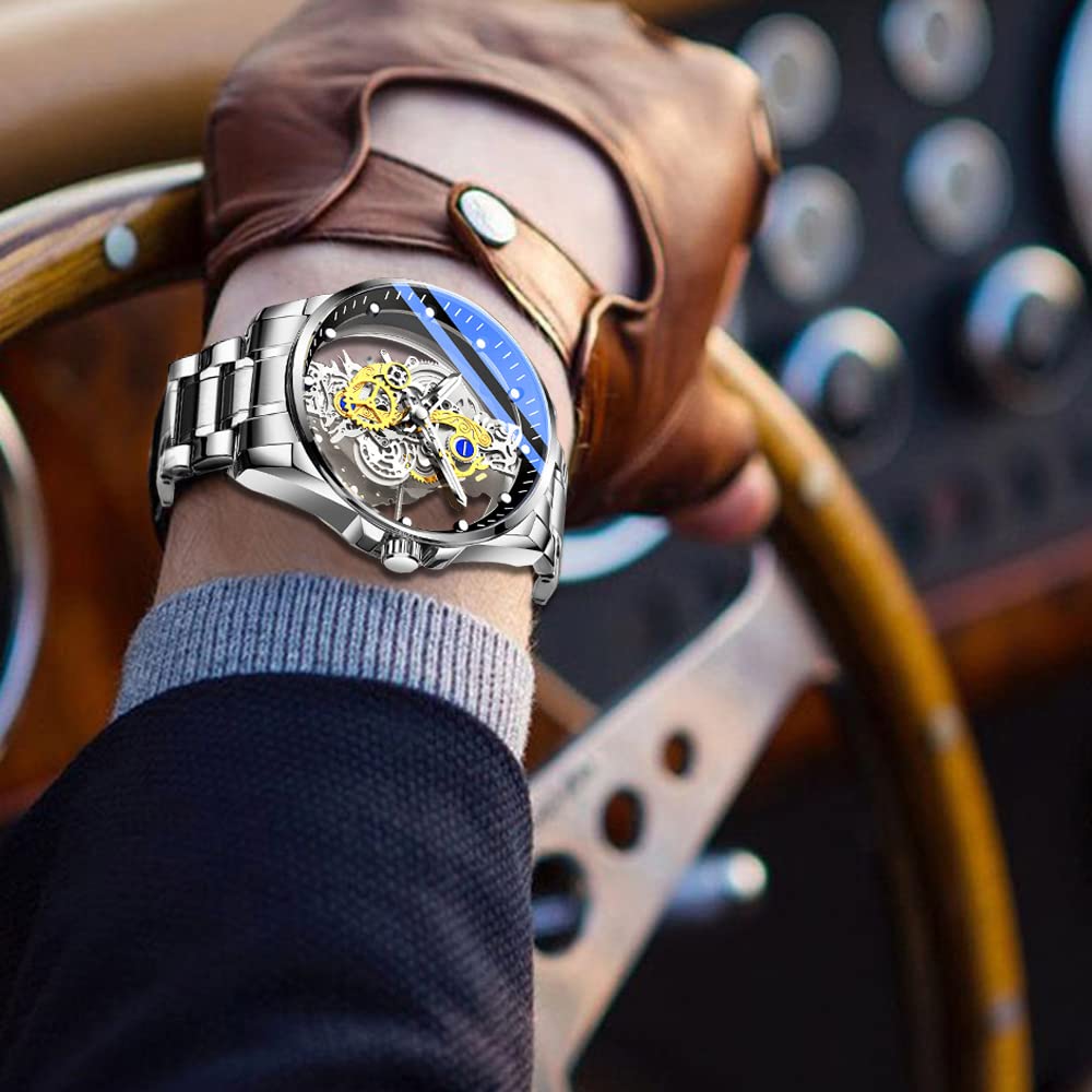 Tiong Men's Stainless Steel Waterproof Skeleton Quartz Watch - Clear Cover Business Dress Watch for Men | Perfect for Office, Formal Events & Everyday Wear