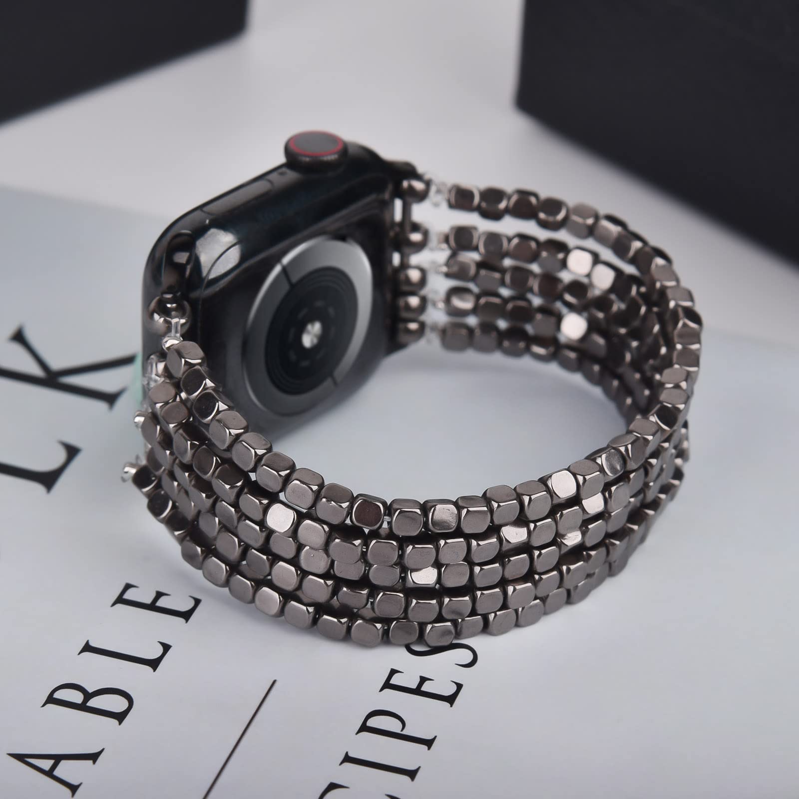 MOFREE Arrow & Black Beaded Stretch Bracelet Compatible with Apple Watch 40mm/38mm/41mm (Series 7/SE/6/5/4/3/2/1) - Handmade Elastic Women's Fashion Strap for iWatch - Perfect for Workouts, Office & Casual Wear