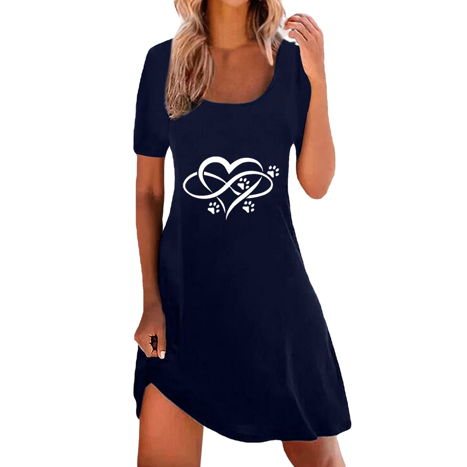 Women's Summer Fashion Dress - Round Neck Short Sleeve Casual Dress with Love Print | Sexy Flowy Dress for Beach, Party & Date Night