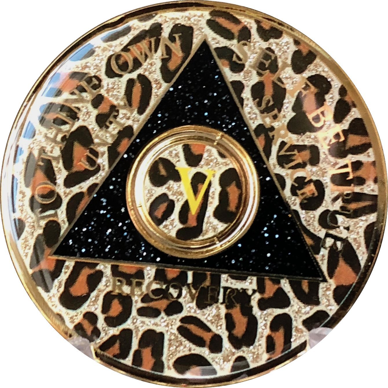 5 Year AA Medallion Leopard Print Tri-Plate Bling Bling Chip - Stylish Rhinestone Accessory for Casino Nights, Costume Parties & Bachelorette Events