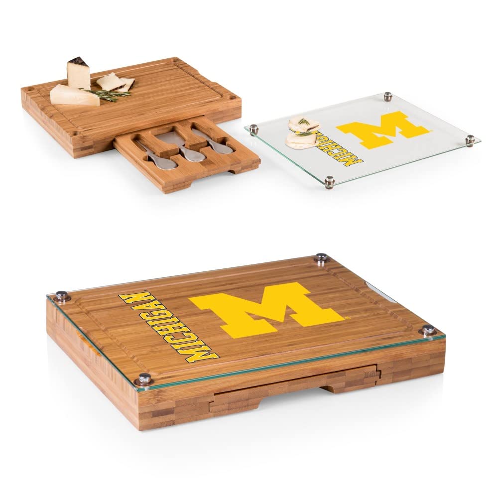 PICNIC TIME NCAA Concerto Glass Top Cheese Board and Knife Set - Bamboo Charcuterie Board with Glass Top Cutting Board for Wine Parties, Cheese Tasting & Charcuterie Platters - Perfect Gift for Housewarming & Entertaining