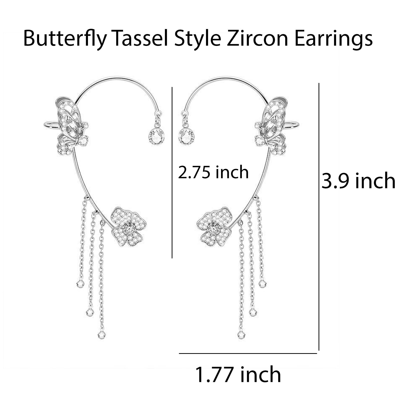 Vintage Butterfly Tassel Zircon Earrings for Women - Non-Piercing Fake Earrings, Flower Climber Wrap Around Ear Cuff - Elegant Fashion Jewelry for Parties, Weddings & Date Nights