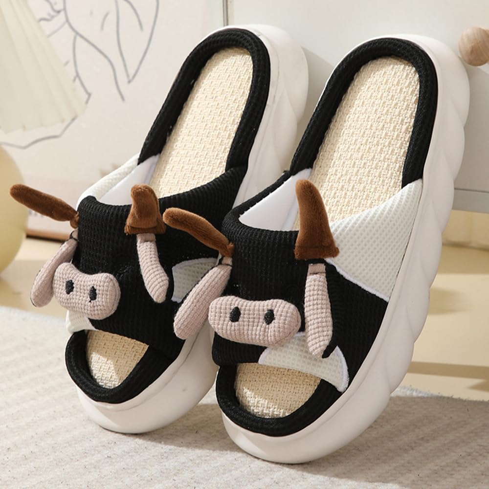 **Warm & Cozy Cow Slippers for Women & Men - Cute Cartoon Animal Fuzzy/Linen House Shoes - Indoor/Outdoor Comfort for Winter & Summer - Perfect for Home, Office & Lounging**