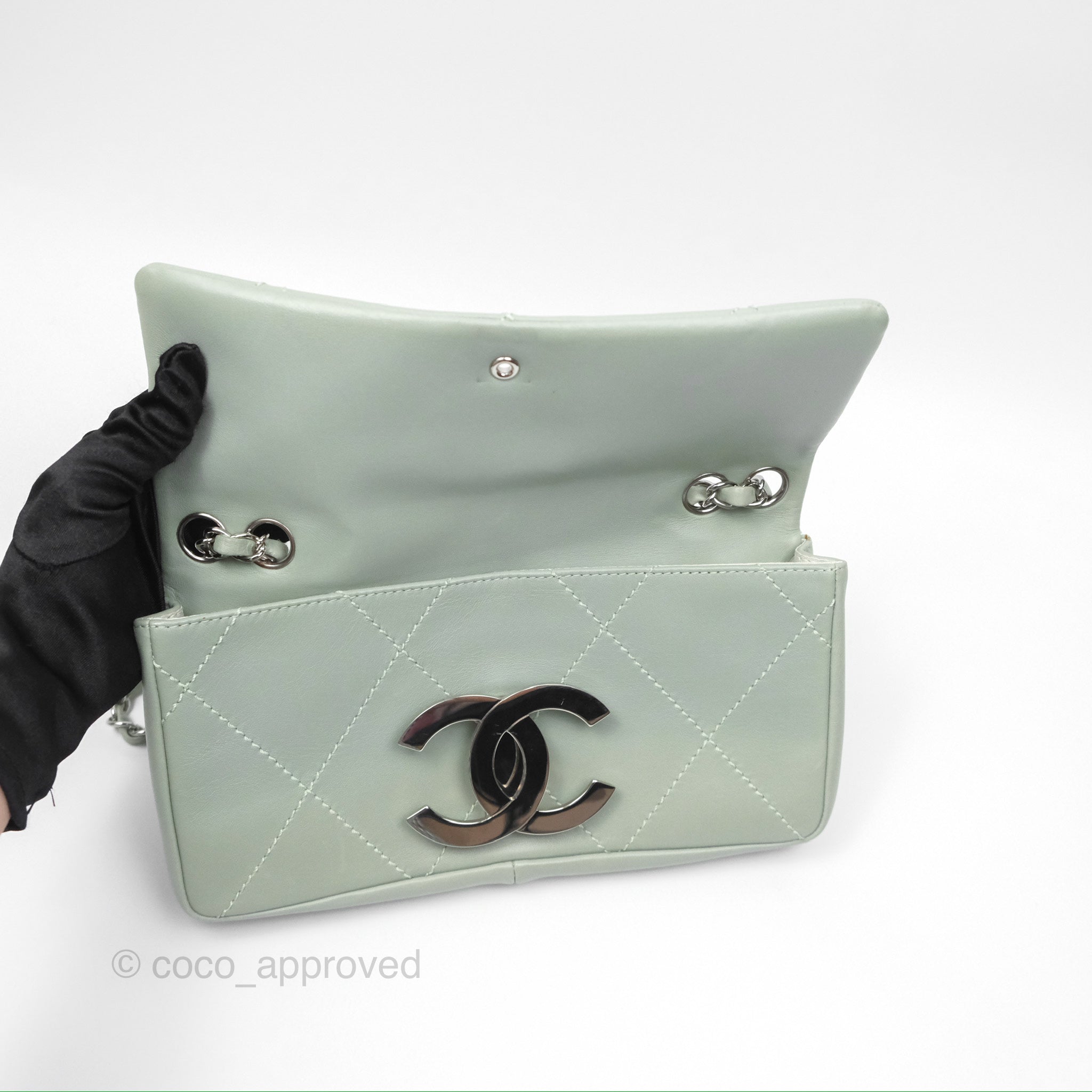 Chanel CC East West Flap Bag Genuine Lambskin Leather Mint Green with Silver Hardware - Luxury Crossbody Purse for Women, Perfect for Date Night & Special Occasions