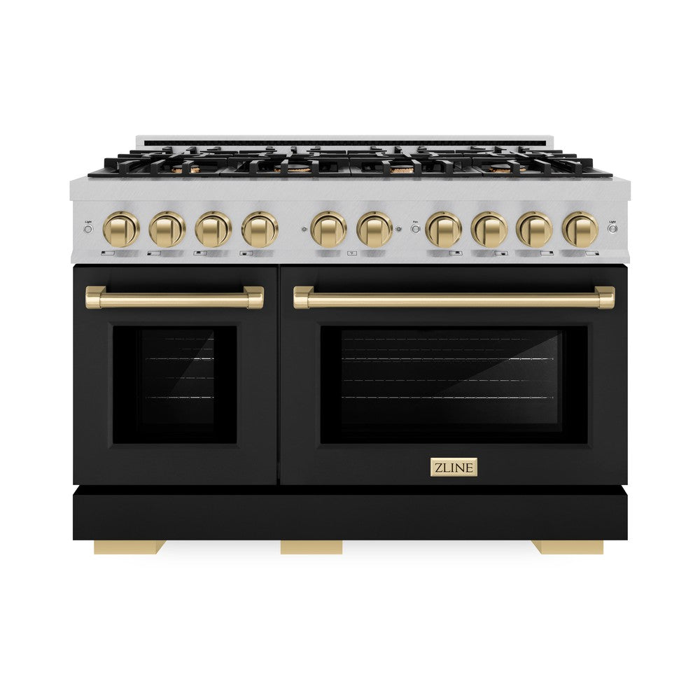 ZLINE Autograph Edition 48-Inch 6.7 cu. ft. Professional Double Oven Gas Range with 8-Burner Cooktop - Satin Stainless Steel, Black Matte Doors & Champagne Bronze Accents (HGRSZ BLM 48 CB) - Ideal for Gourmet Cooking, Large Family Meals & Modern Kitchen Design