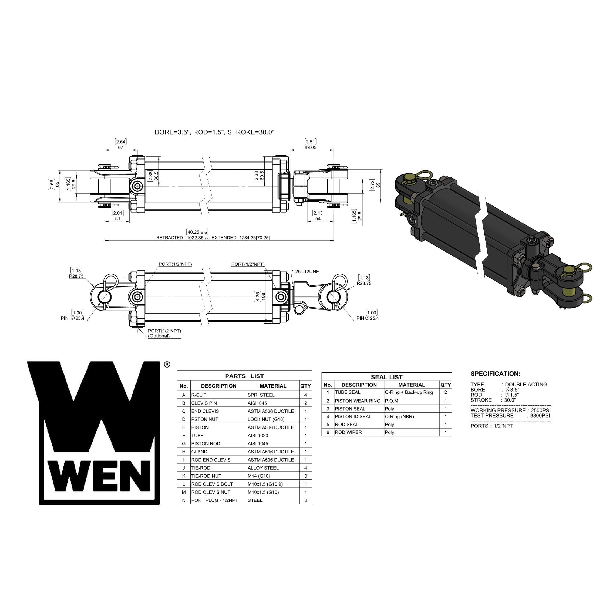 WEN TR3530 2500 PSI Hydraulic Cylinder - 3.5 Inch Bore, 30 Inch Stroke - Heavy Duty Tie Rod Cylinder for Industrial Equipment, Construction Machinery, and Agricultural Applications