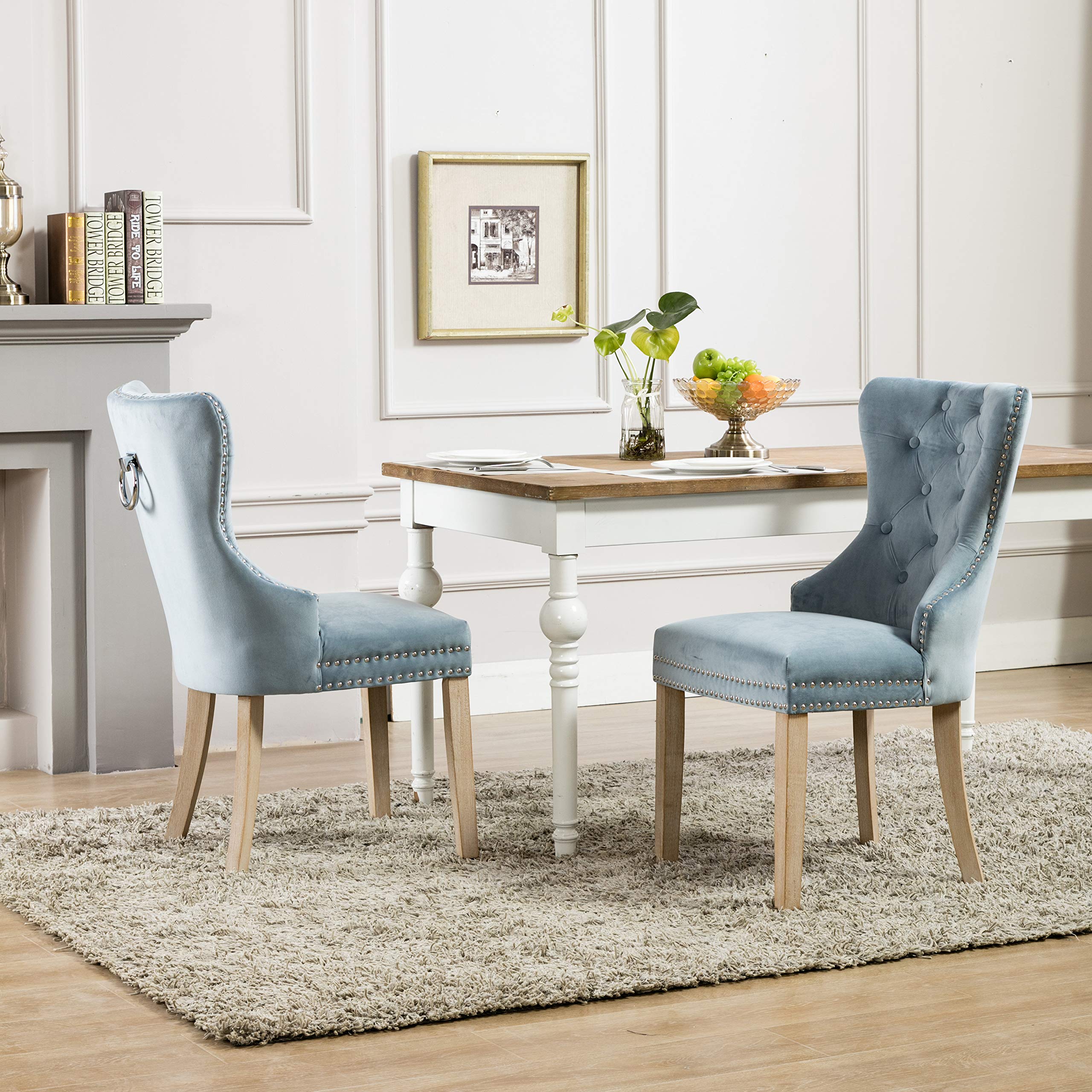 Velvet Fabric Dining Chairs - Upholstered Leisure Padded Accent Chairs with Nailed Trim, Set of 2 (Blue) | Modern Home Decor for Living Room, Bedroom & Dining Area