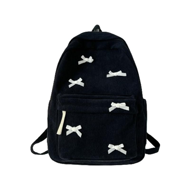 Stylish Y2K Aesthetic Corduroy Laptop Backpack for Women - Cute Preppy College Daypack with Bow Detail (Black) - Perfect for School, Work & Travel