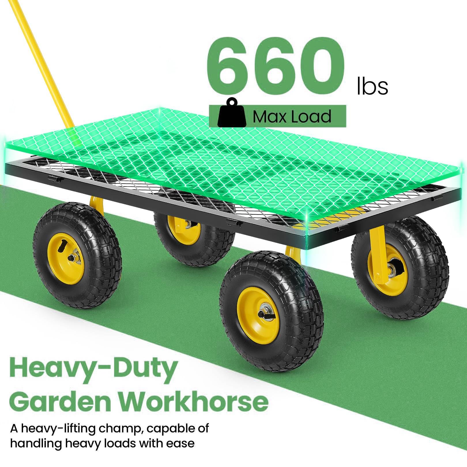 Homdox MAX 660LB Heavy Duty Foldable Garden Cart - 180° Rotating Handle Pullable Wagon with Mesh Sides | Collapsible Yard Utility Cart for Gardening, Beach, Farm & Outdoor Use | Yellow