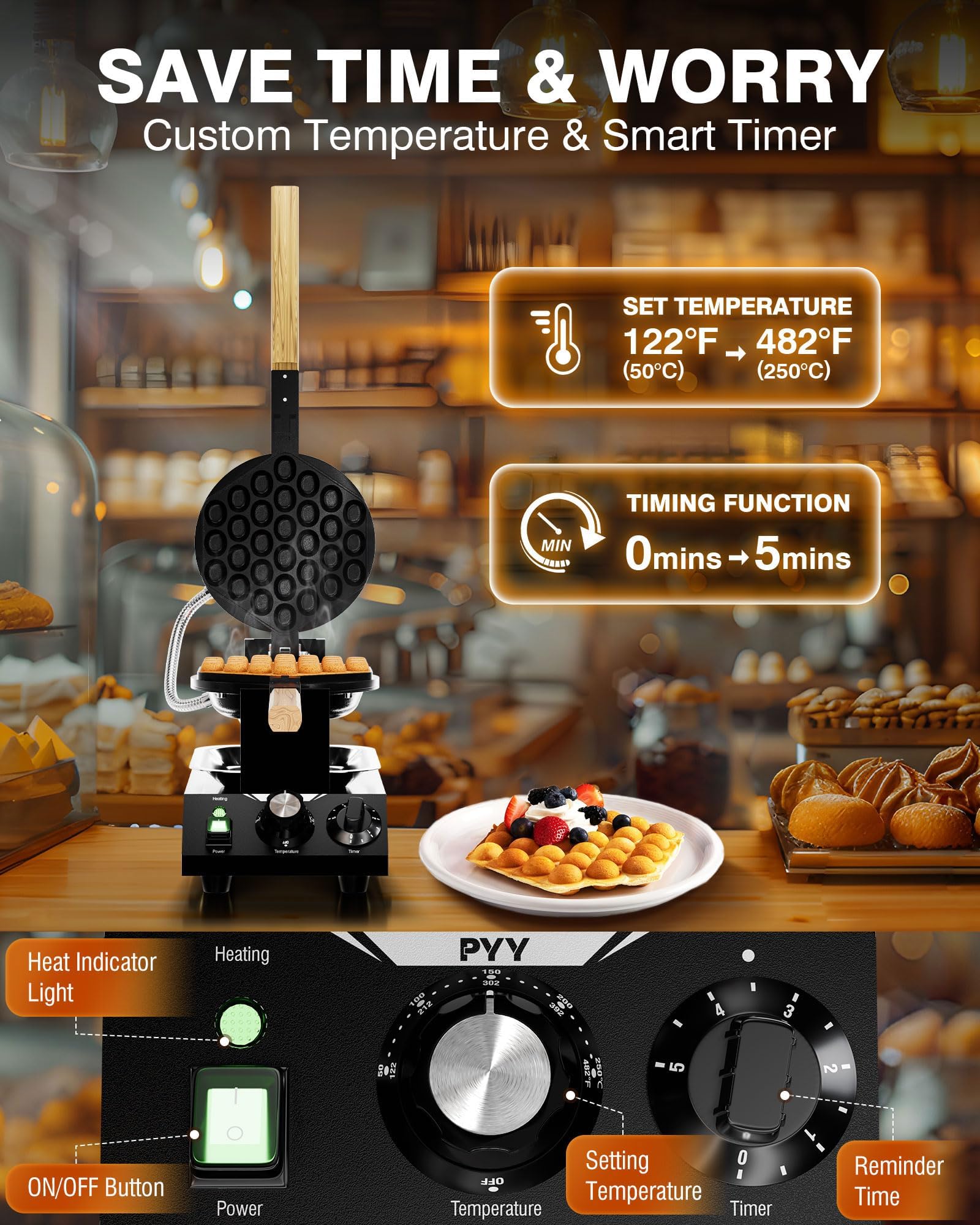 PYY 1500W Commercial Bubble Waffle Maker - Electric Stainless Steel Egg Puff Waffle Iron with Non-Stick Coating, 180° Rotating & Wooden Handle (122-482°F) - Perfect for Hong Kong Style Round Cone Waffles, Street Food Business, Home Breakfast & Dessert Making