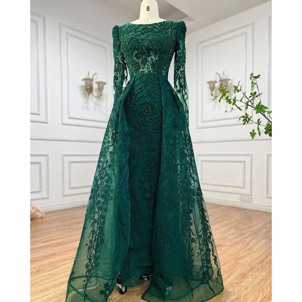 Luxury Green Mermaid Evening Dress with Overskirt for Muslim Women - Elegant Arabic Wedding Party Gown 2025 (LA71610A) | Perfect for Bridal Showers, Formal Events & Special Occasions
