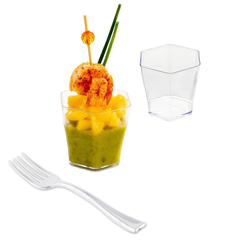 100 Pack 2 oz Hexagon Clear Plastic Cups with 100 Silver Mini Plastic Forks - Perfect for Parties, Weddings, and Events