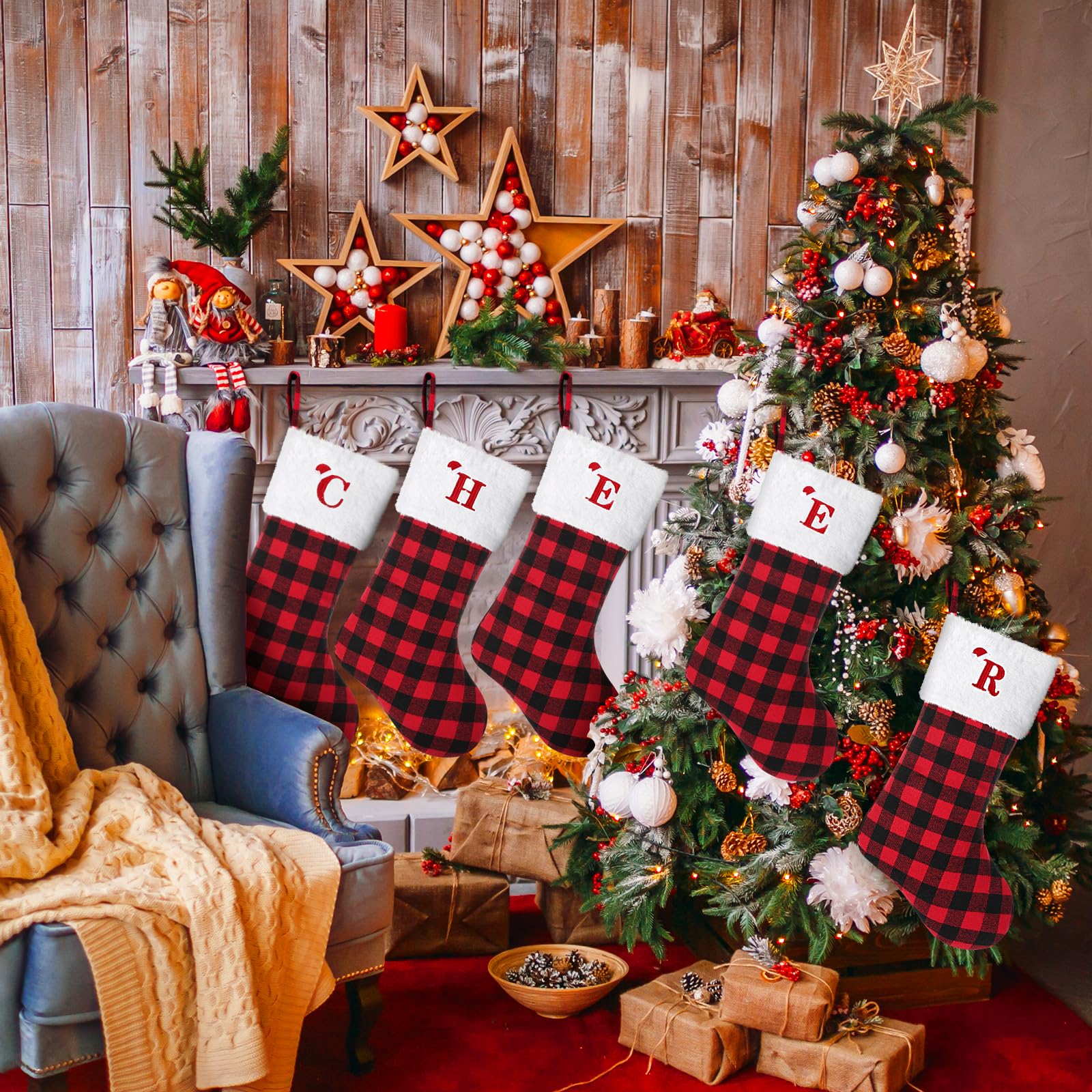 20 Inch Large Personalized Monogram Christmas Stocking - Red & Black Buffalo Plaid with Embroidered Initial Letter (K) | Holiday Fireplace Decor for Xmas, Family Gatherings and Festive Home Decoration