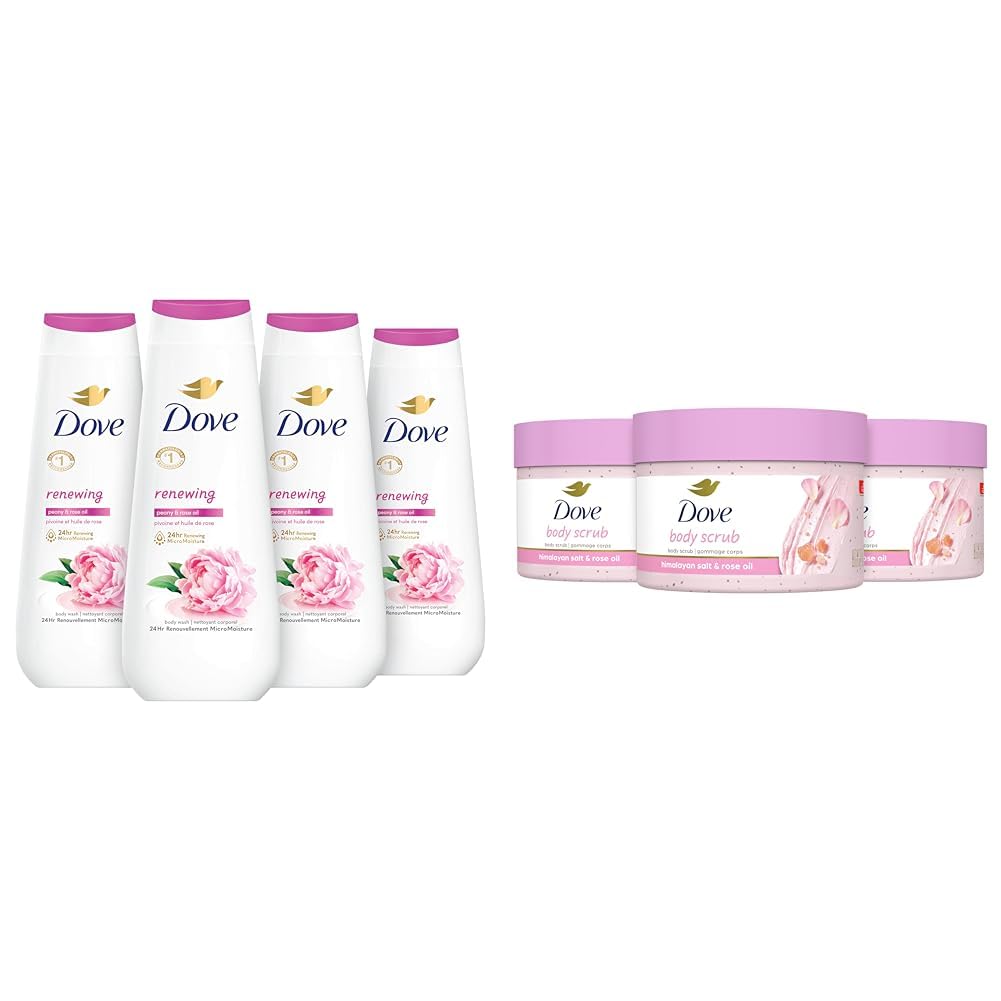 Dove Body Wash 4-Pack with Renewing Peony & Rose Oil + Body Scrub 3-Pack with Himalayan Salt & Rose Oil - Hydrating & Exfoliating Shower Set for Soft, Smooth Skin - Perfect for Daily Use & Self-Care Routine