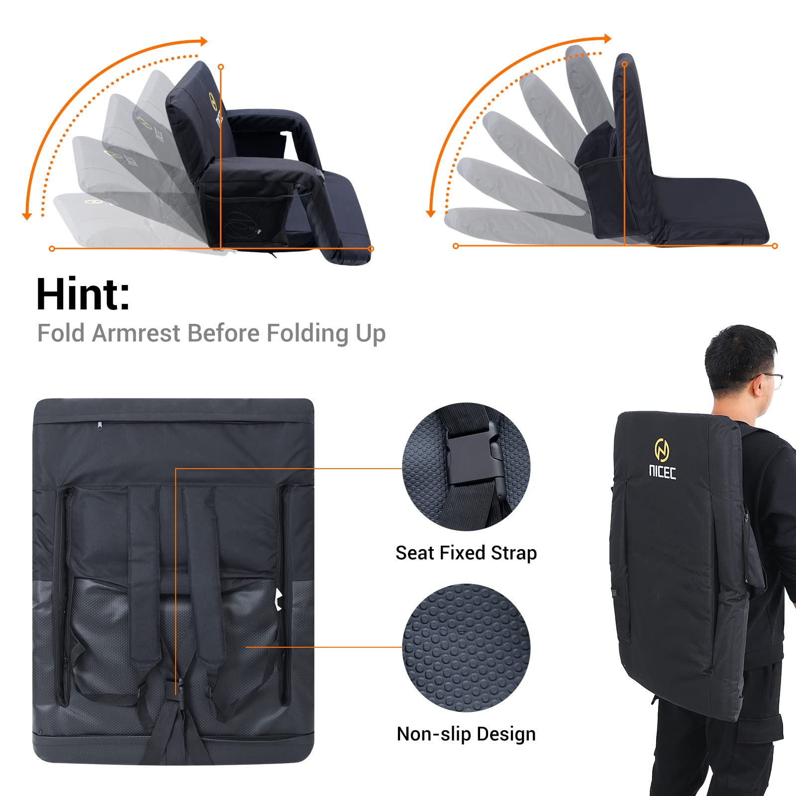 Premium Heated Massage Stadium Seat - Foldable Floor Chair with Thick Padding, Waterproof Reclining Cushion, Shoulder Straps & Side Pockets - Perfect for Football Games, Camping, Outdoor Concerts & Home Relaxation